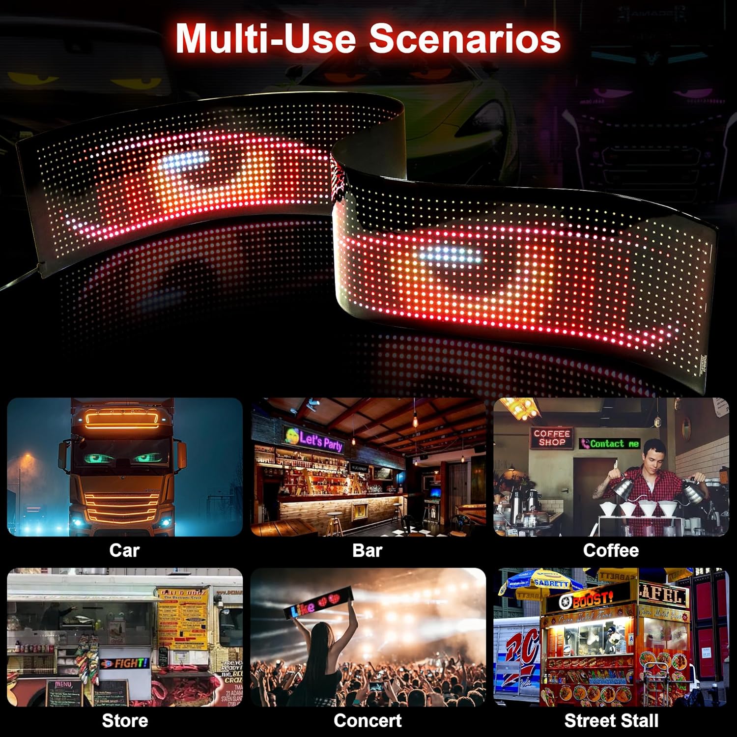 52x7.48Inch Devil Eyes for Windshield, LED Eyes Lights for Truck, Dynamic Digital Scrolling LED Display, App Control and Remote Control, LED Lights for Business Shop Bar (Large Size for Cars/Trucks)