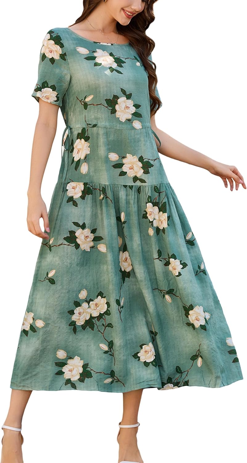 Loose drawstring floral dress for casual summer beach wear.