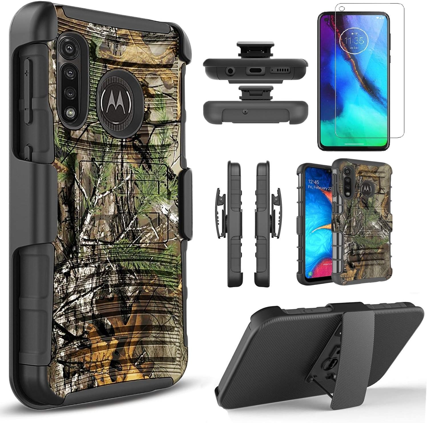 Circlemalls Compatible for -Motorola Moto G Power 2020 Case, [NOT Moto Power 2021] with [Tempered Glass Screen Protector Included], Armor Heavy Duty Kickstand Cover with Belt Clip Holster -Camo