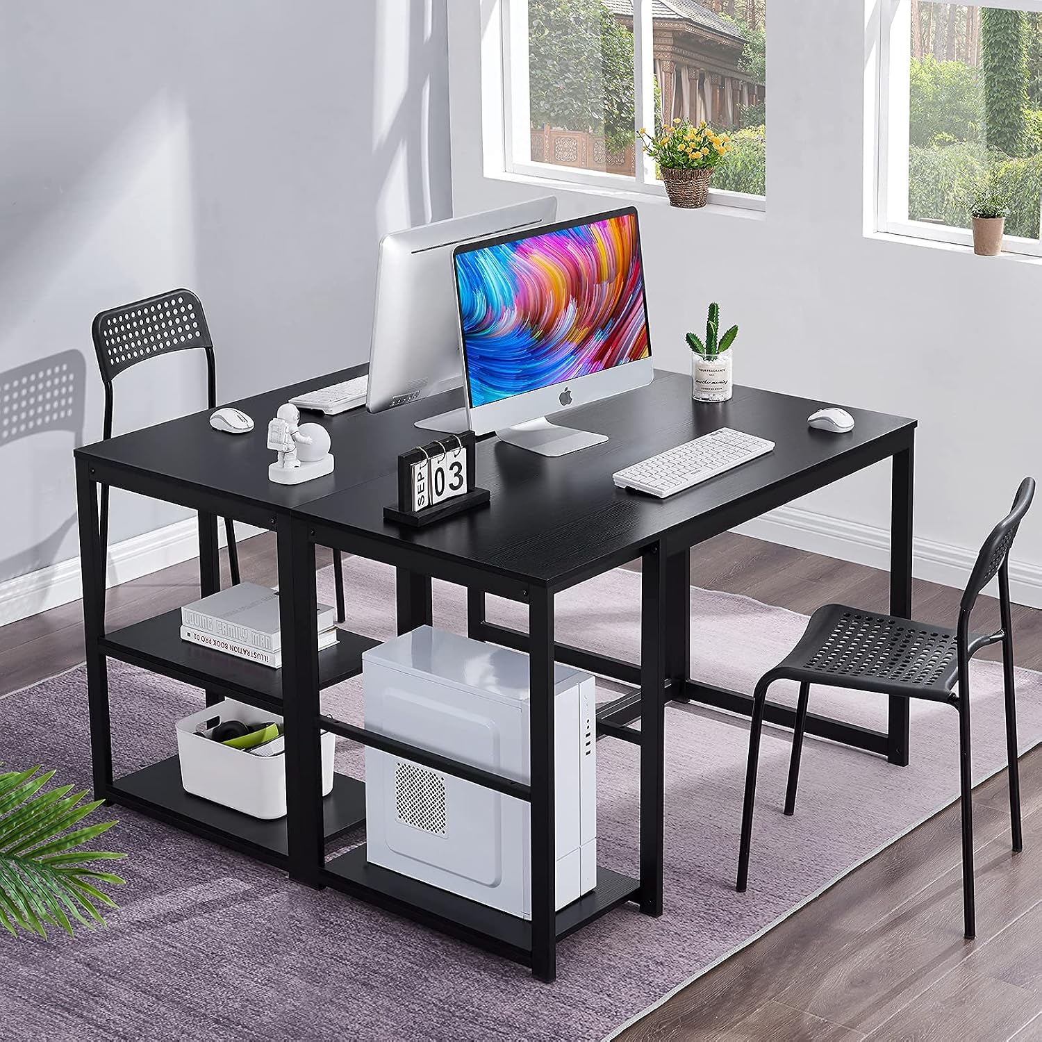 GreenForest Computer Desk 47 inch with Storage Space Home Office Work Desk with 2-Tier Shelves Modern PC Workstation Study Writing Laptop Table Gaming Desk, Black