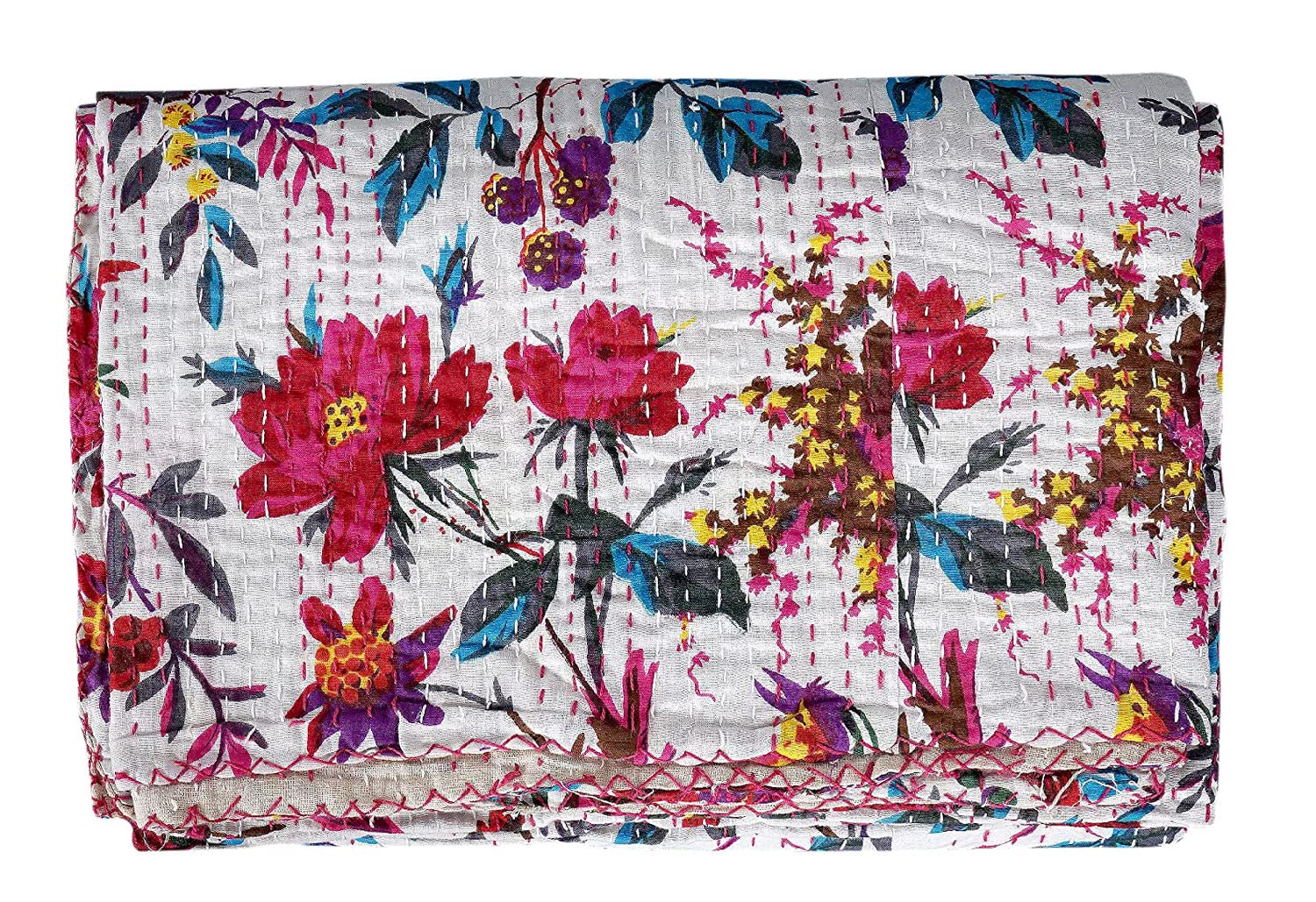 Rajasthaniartdecor Indian Reversible Kantha Quilt for Living Dorm Room Bed Cover Handmade Stitched Pure Cotton Bird Print Bedspread Kantha Quilt