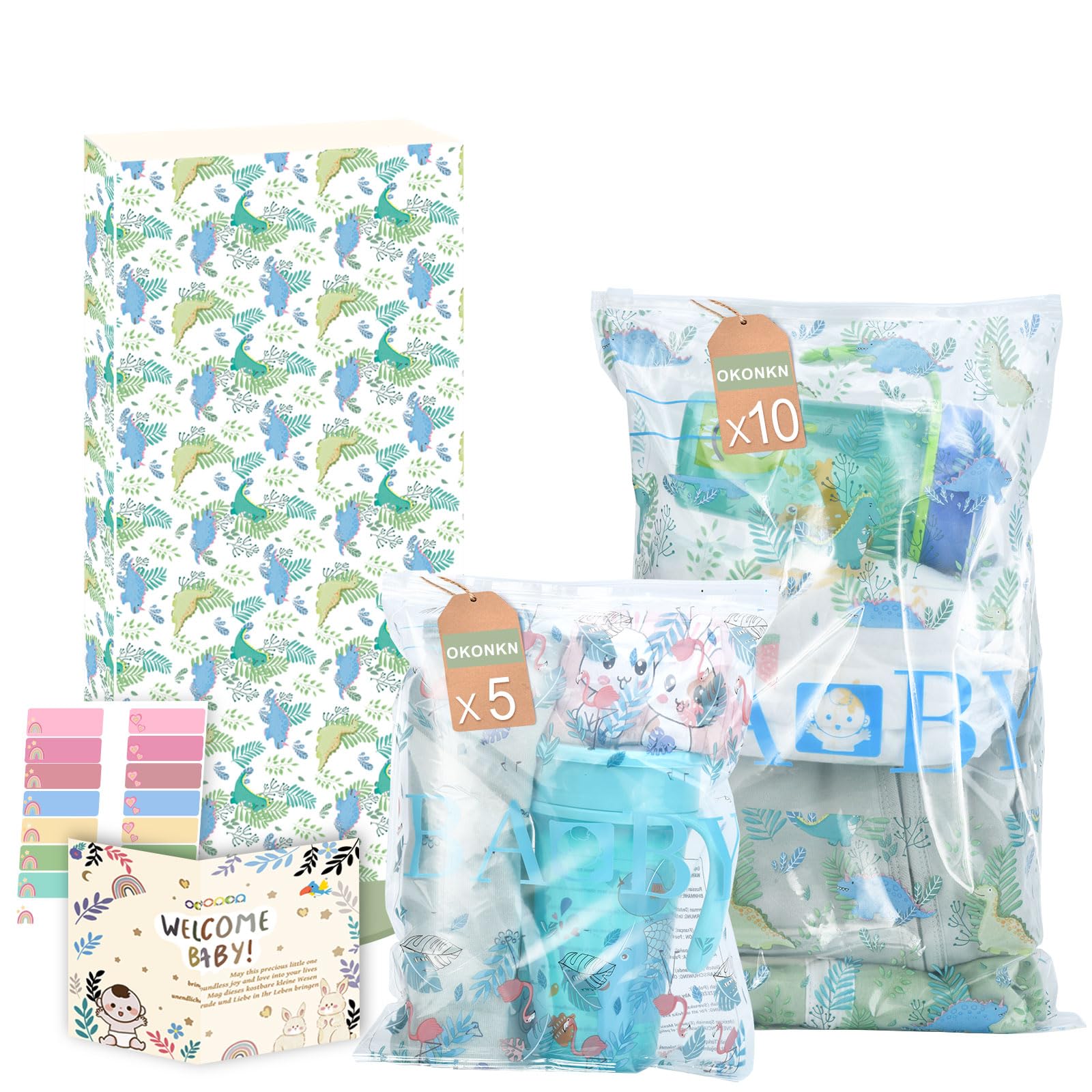 OKONKN 15 bustine corredino neonato ospedale (10 Grandi e 5 Piccole)-Sacchetti Cambio Neonato Ospedale Riutilizzabili per Asilo e Viaggi - Idea Regalo per Future Mamme (Dinosauro/Flamingo)