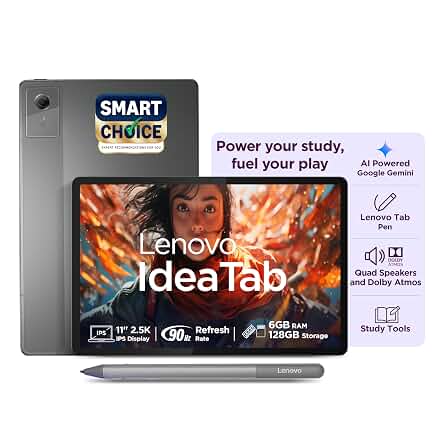 Lenovo Idea Tab (Smartchoice) with Tab Pen | WiFi Only |11" 2.5K IPS Display |6GB RAM + 128GB ROM (Expandable Upto 2TB)| MediaTek Dimensity 6300|7040mAh|4 Speakers| Grey