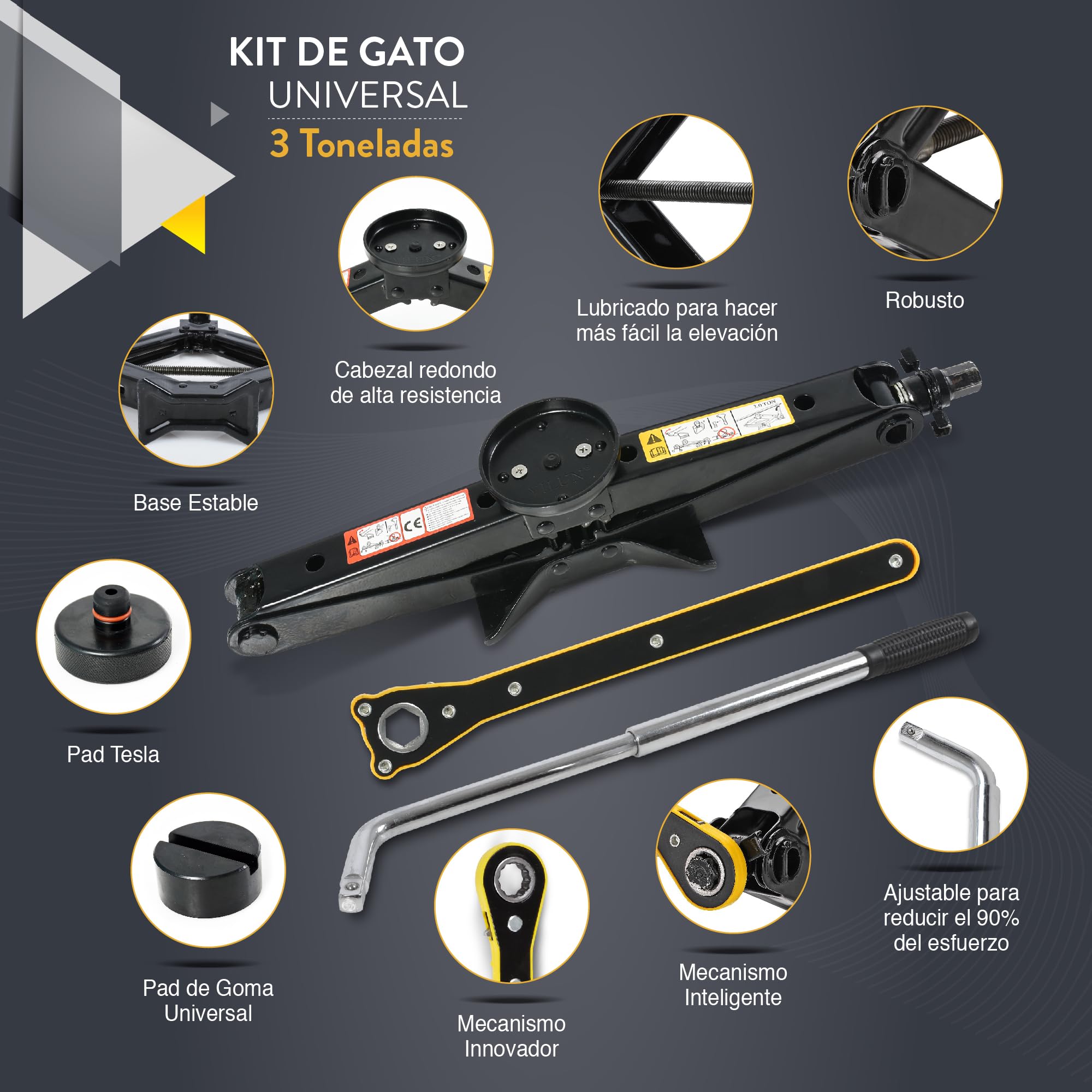 Kit de Gato para Coche con Pad Tesla y Pad de Goma Universal 3 Toneladas (3000 kgs) | Gato de Tijera para Coche - Kit de Herramientas para Cambio de Neumáticos | Portátil, Ideal para SUV y Coches