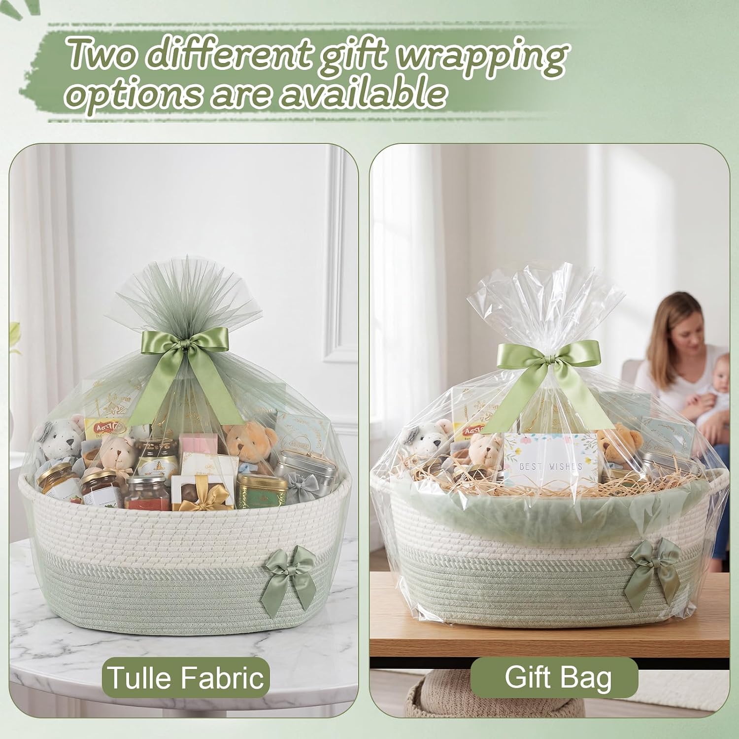 Colingmill Extra Large Woven Gift Basket 19.5”x15”x10”, Storage Basket with Gift Bag, Ribbon and Tulle, Gifts Card, Tissue Paper for Baby Shower, Wedding, Birthday & Holiday Gifts(Sage Green)