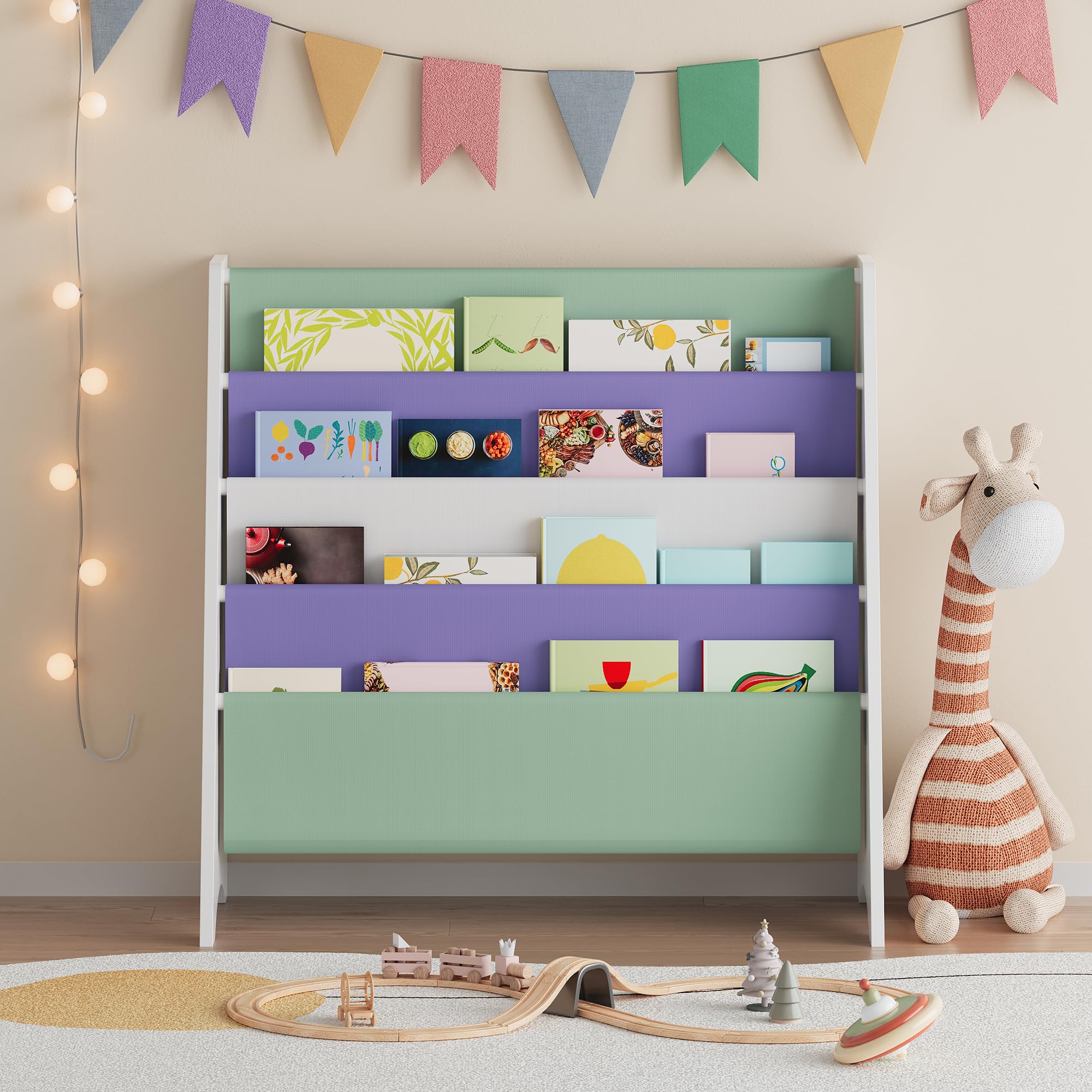 [en.casa] Bibliothèque Enfant Étagère avec 4 Compartiments de Rangement Meuble de Stockage Motif Aqua Dream Coins Arrondis Panneau de Particules Polyester Métal 60 x 62 x 28 cm Blanc Vert Clair Violet