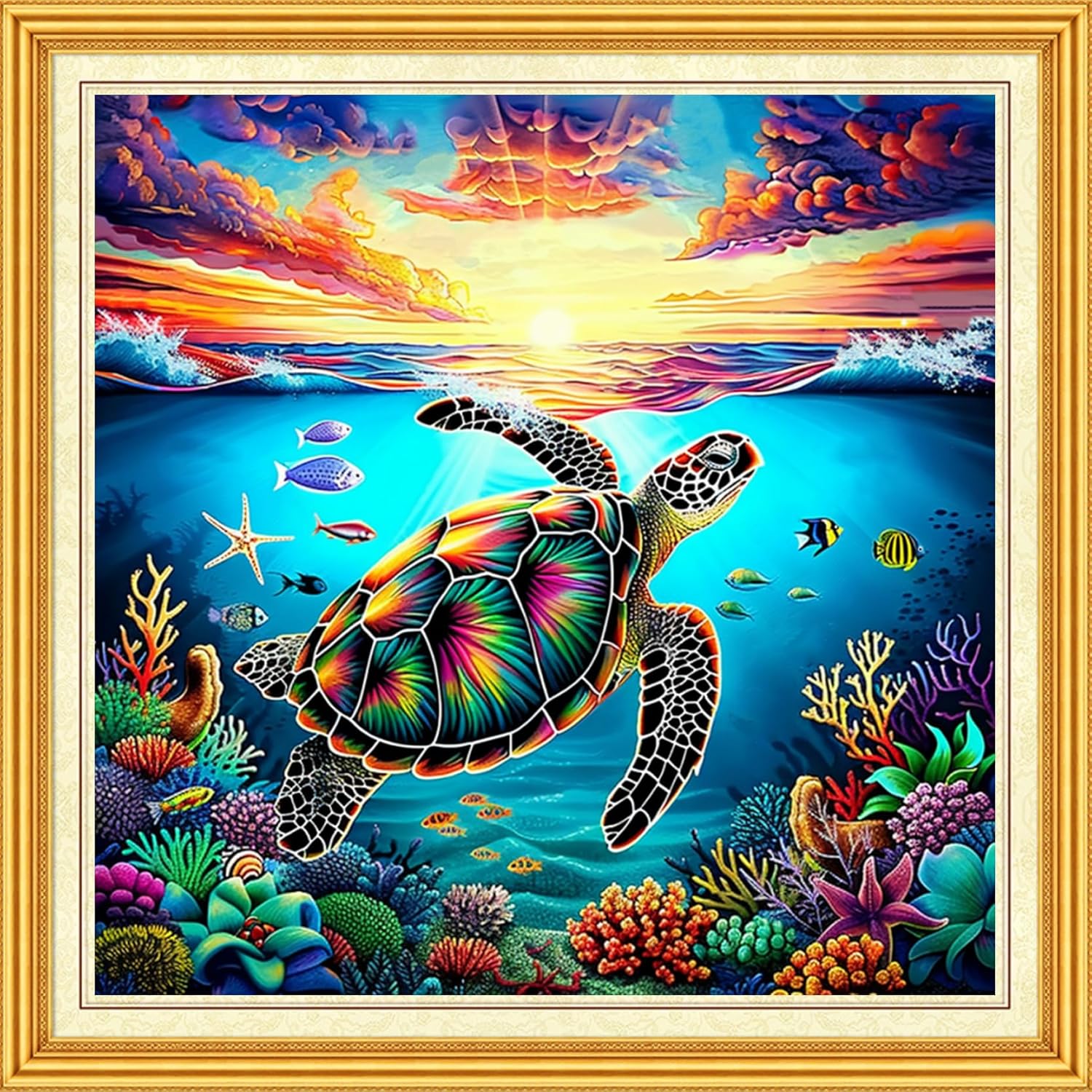 Dimxvean Stamped Cross Stitch Kits,Crossstitch Kits for Adults Beginners,Embroidery Kits Full Range of Cross Stitch Stamped Kits Needlepoint Kits Cross-Stitch Patterns-Sunrise Turtle 18x18 inchs
