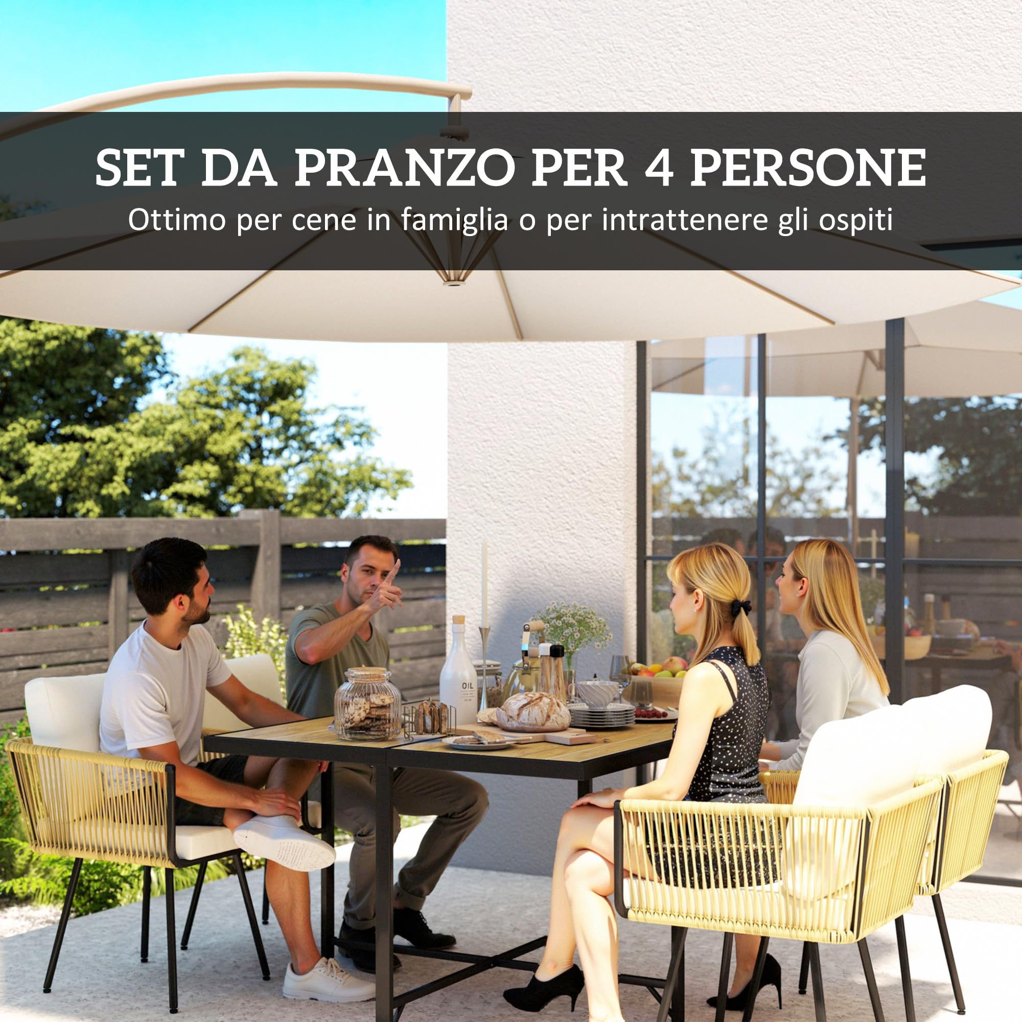 Outsunny Set Tavolo e Sedie da Giardino in Rattan 5 Pezzi, Pranzo Esterno con Tavolo Effetto Legno, Cuscini Lavabili, Salvaspazio