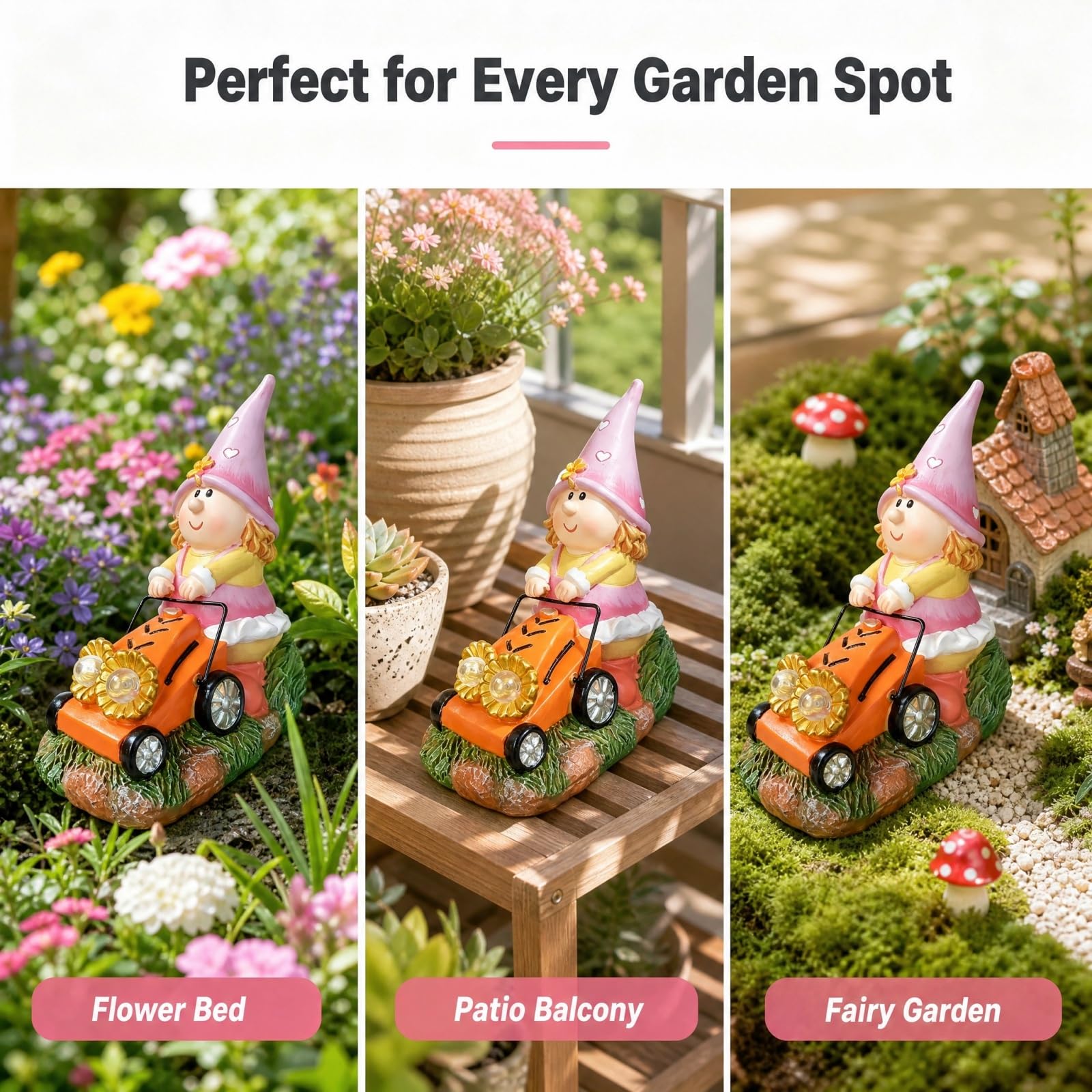 Decorazioni solari da giardino per cortile, cappello a forma di cuore rosa, statuetta gnomo per cavalcare statue tosaerba, stravagante decorazione per esterni, giorno del Ringraziamento, regalo unico