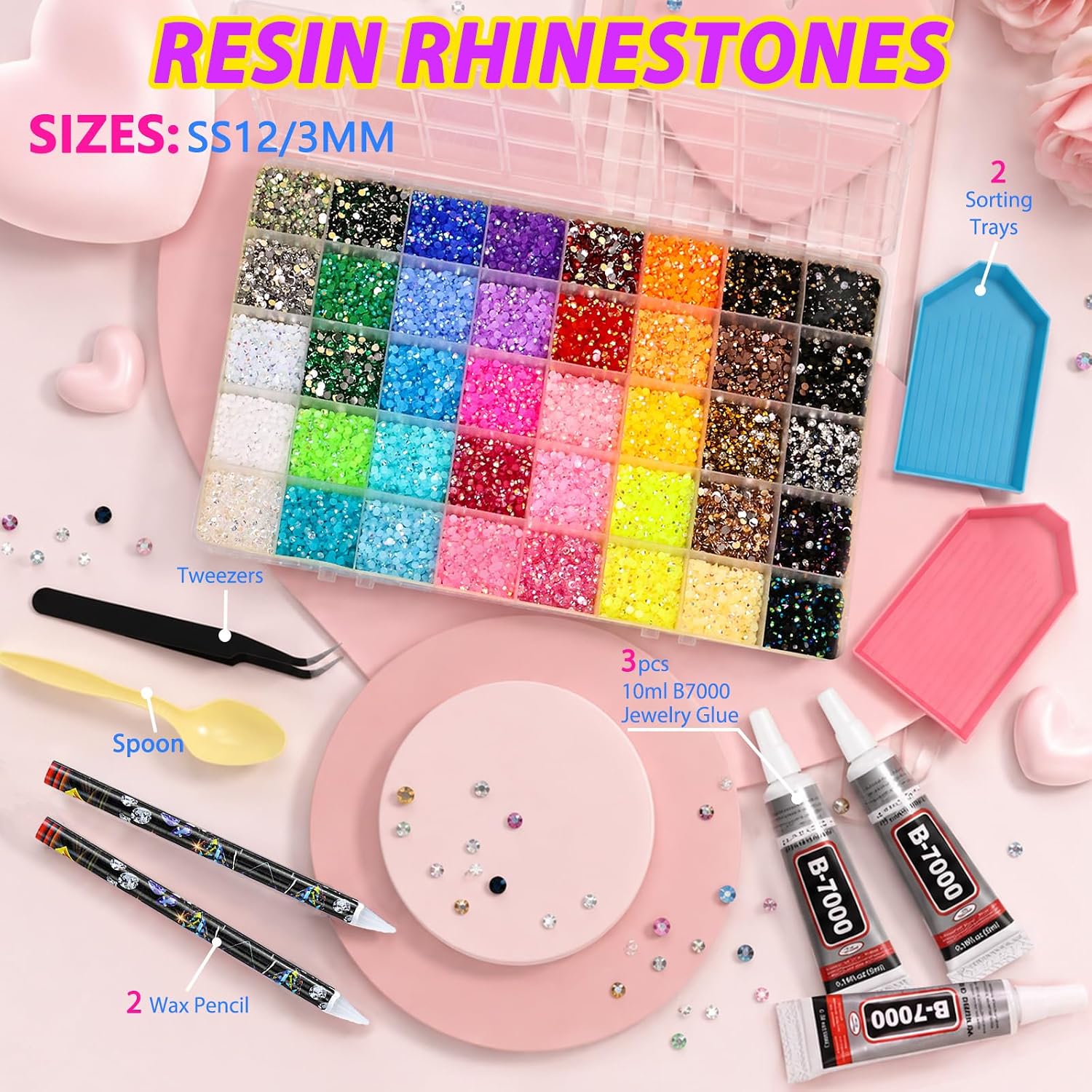36000Pcs 40 Colors Jelly Rhinestones for Bedazzling, 3MM Bedazzling Kit with 3Pcs 10ml B7000 for Diamond Art, Diamond Art Accessories