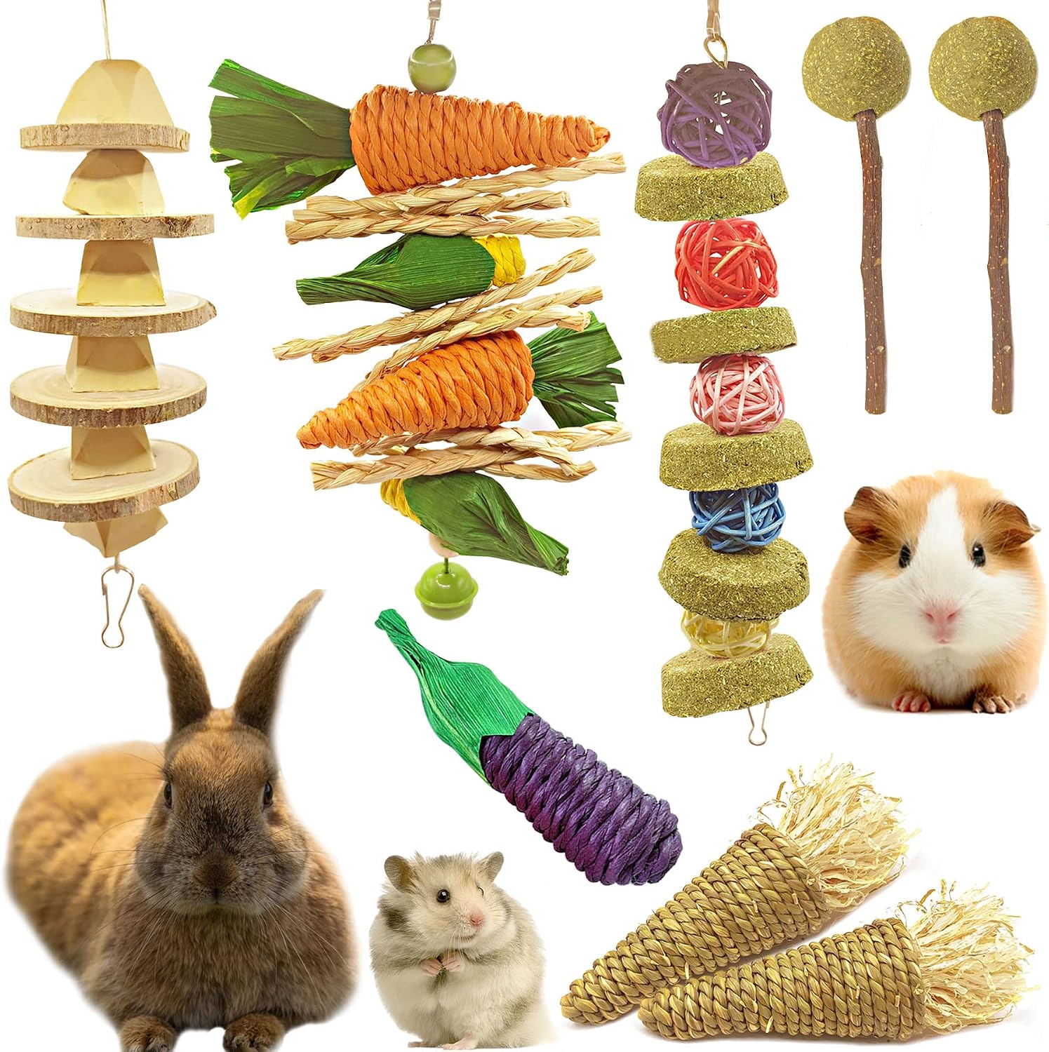 Rabbit Chew Toys,Small Animal Cage Hanging Chew Toys for Teeth Grinding,Natural Apple Wood Sticks Handmade Straw Rope Chews and Treats…