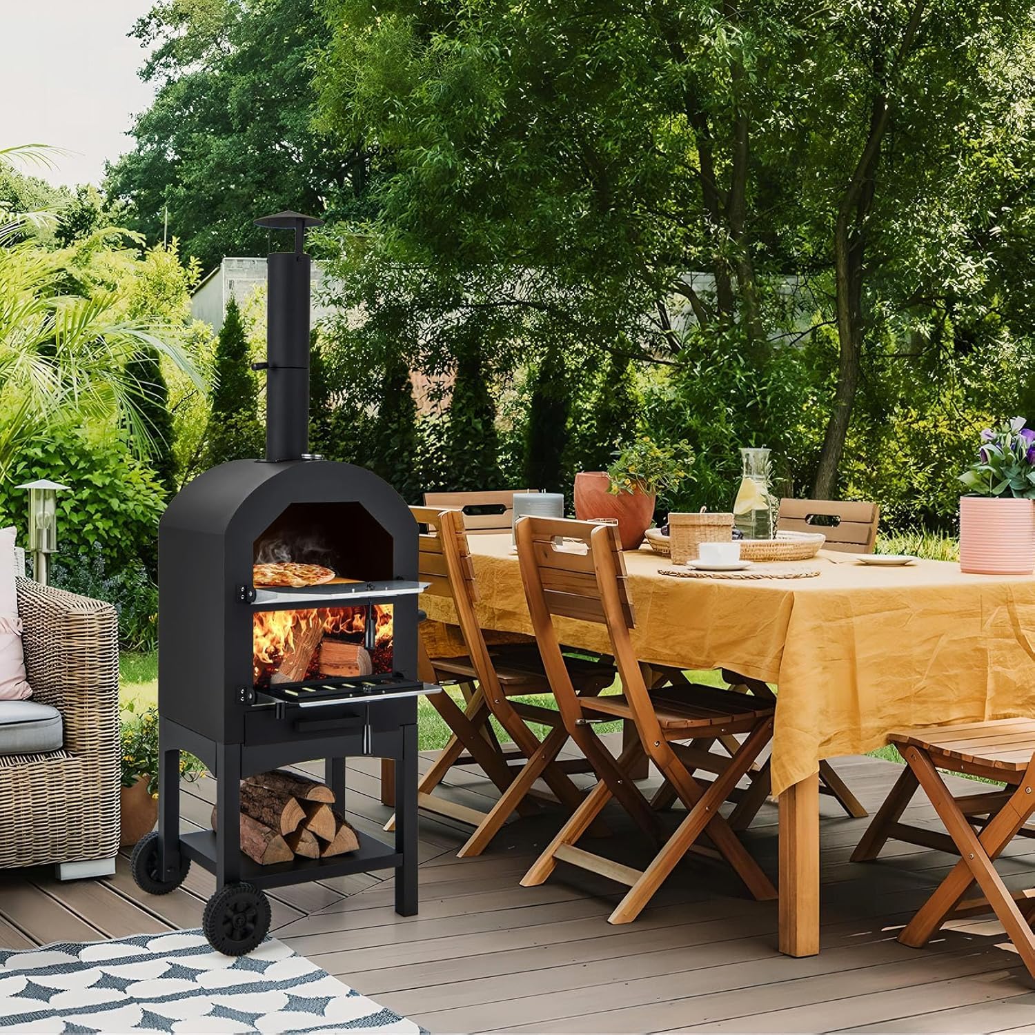FANTASK Outdoor Pizzaofen mit eingebautem Thermometer, holzbefeuerter Pizzaofen mit Rädern & wasserdichtem Deckel