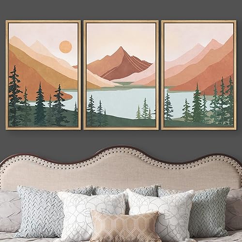 Miniatura 3 de wall26 Lienzo enmarcado para pared, juego de arte geométrico de montaña, bosque, lago, ilustraciones abstractas, naturaleza, arte moderno, nórdico,