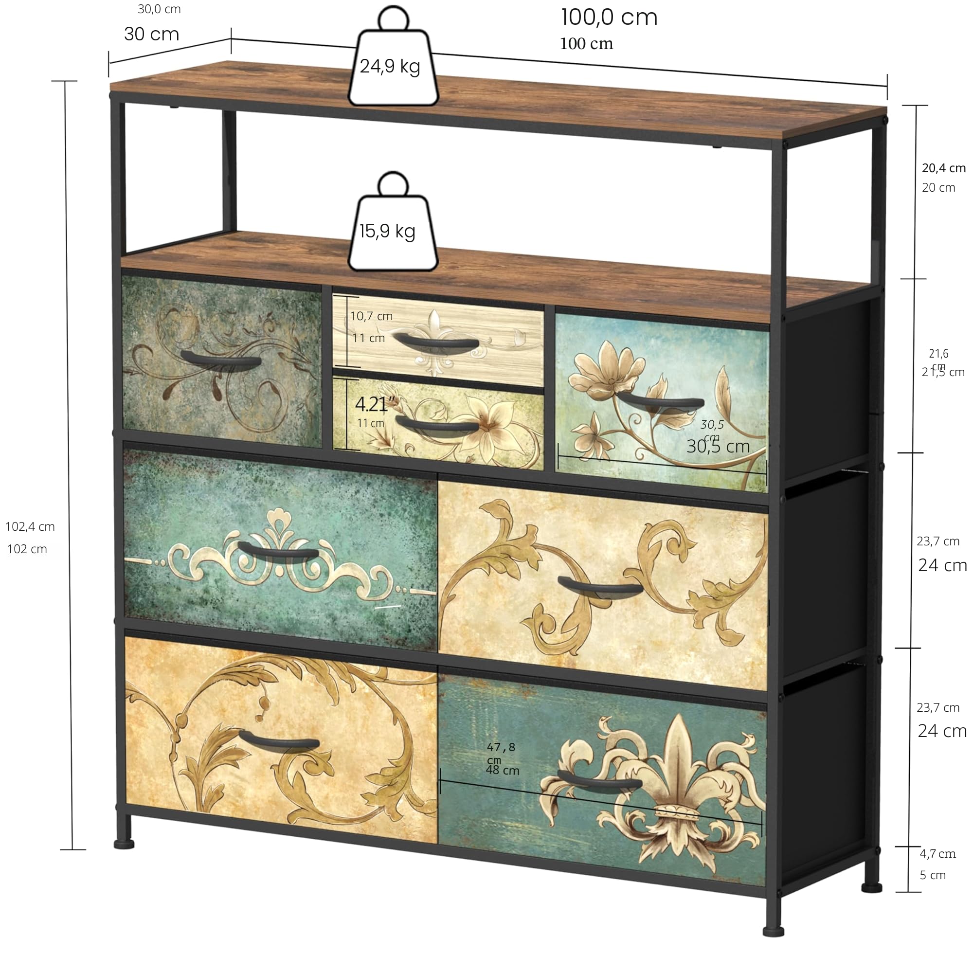 VEDECASA Comò con 8 cassetti in tessuto, tavolo da trucco in stile boemo, supporto TV per camera da letto, credenza con piano in legno, cassetti in tessuto e struttura in metallo, per soggiorno