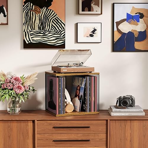 Miniatura 2 de Soporte para discos de 1 cubo compatible con tocadiscos, compatible con escritorio, almacenamiento de discos de vinilo apilable para 50-70 discos,