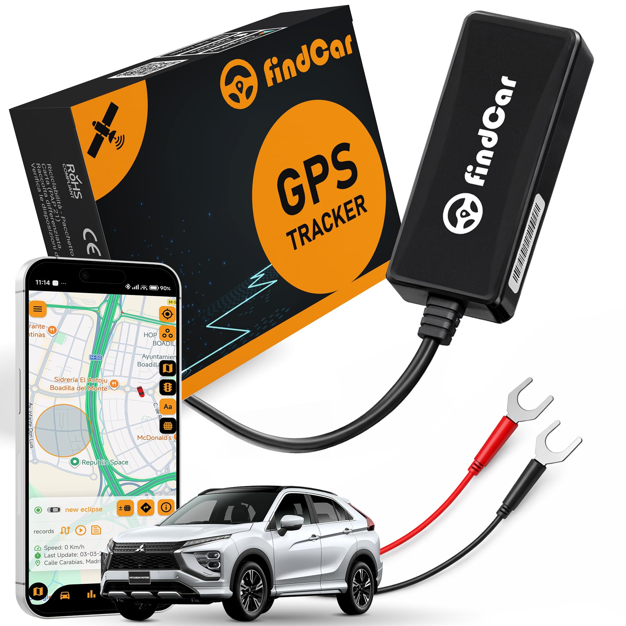 Localizador GPS para Coche Moto y Camión con Conexión Directa a la Batería y SIM Integrada, Rastreador con App, Alerta Antirrobo, Geovalla y Exceso Velocidad, Suscripción Flexible