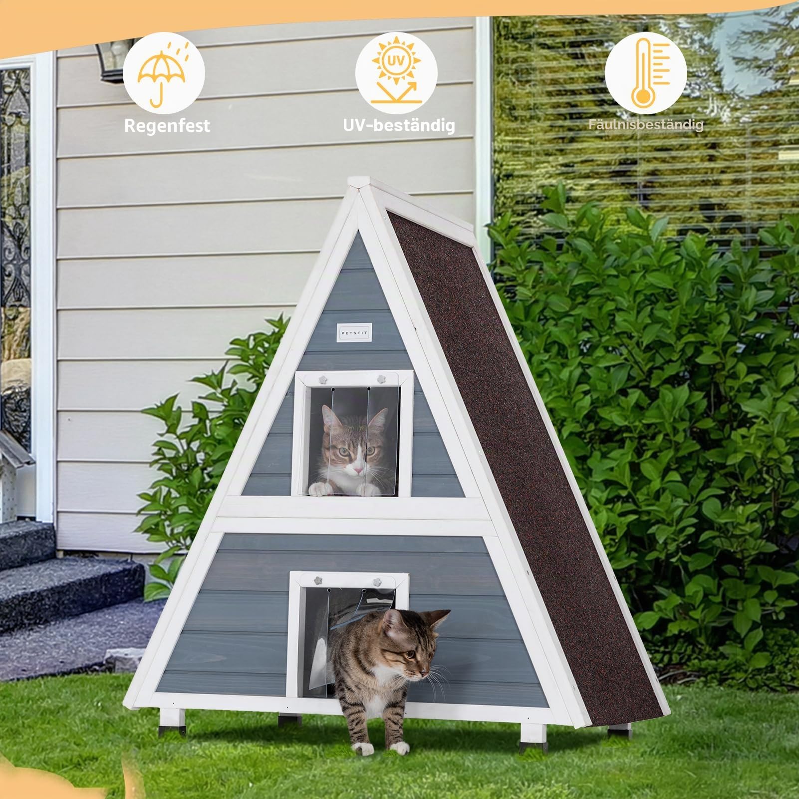 Petsfit Katzenhaus Outdoor Winterfest mit Fluchttür Katzenhaus Outdoor Holz mit erhöhtem Design Katzenhöhle für Draussen Katzenhütte Wetterfest aus Spießtannenholz, Grau/2 Etagen