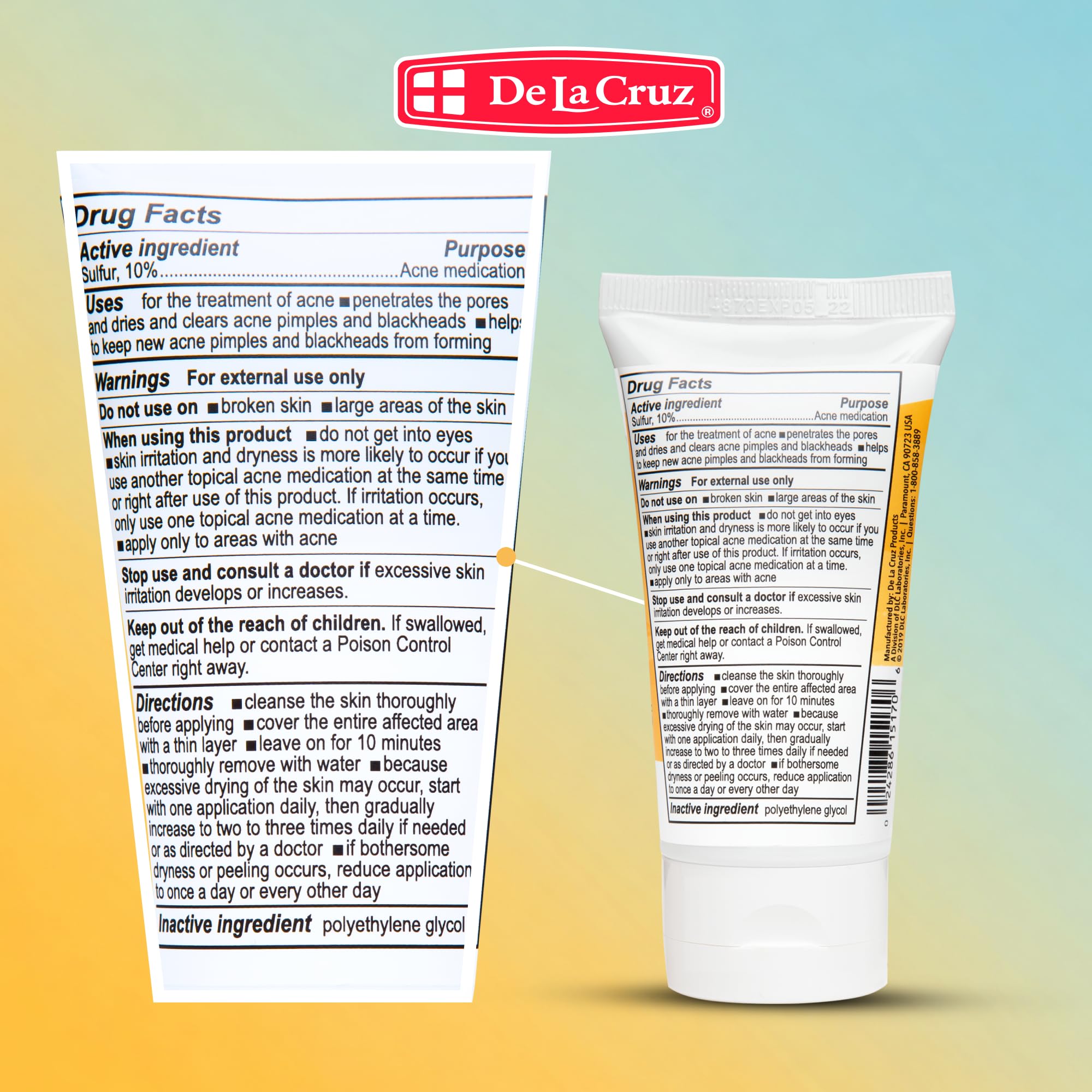 De La Cruz Traitement à l'acné 10 % sulfure - Médication à l'acné cystique clair et aux points noirs sur le visage et le corps - Fabriqué aux États-Unis - Tube de 2,6 oz