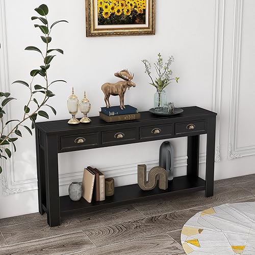 Miniatura 2 de kinbor Mesa de sofá larga  Mesas consola negra de 60 pulgadas para sala de estar, mesa de pasillo con 4 cajones, mesa de entrada de madera moderna