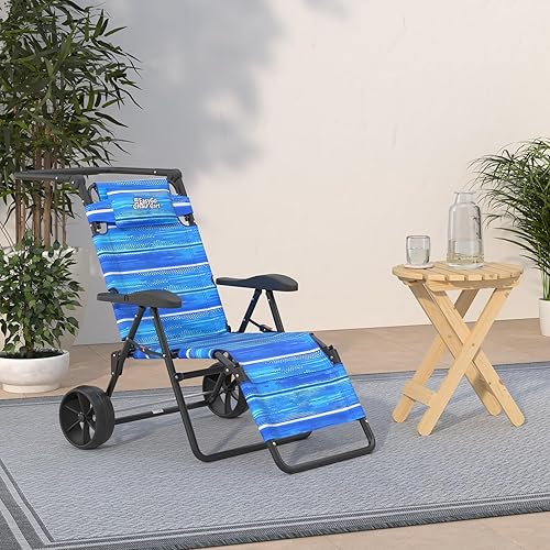 Miniatura 2 de Silla de carrito de playa, 2 en 1, gira de carrito de playa a silla de playa, ruedas grandes, fácil de usar, gran capacidad, color azul a rayas