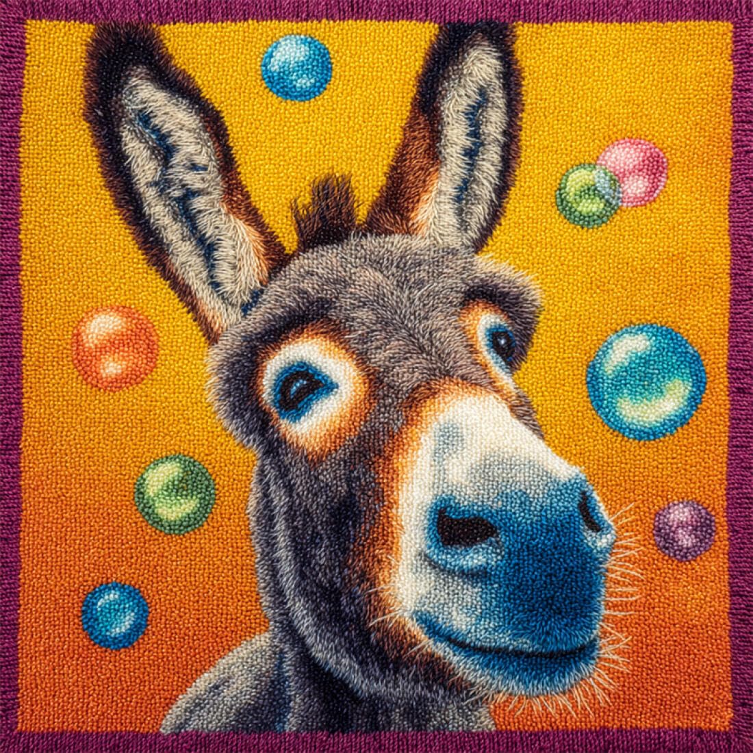 Kitquiver Animal Latch Hook Cushion Craft Kits Donkey and Colorful Bubbles Latch Hook Kit Pillow DIY Rug Crochet Hook Cushion Making Kits with Preprinted Pattern Canvas 17x17In