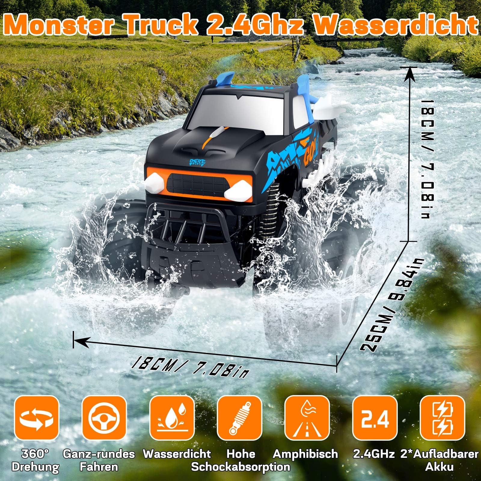 Gindoly Zdalnie sterowany samochód, 2,4 GHz, monster truck, 4WD 15+ km/h, hobby, offroad, samochód RC, wodoszczelny, samochód terenowy, z 2 bateriami, zabawka dla dzieci od 6, 7, 8, 9, 10, 11, 12 lat