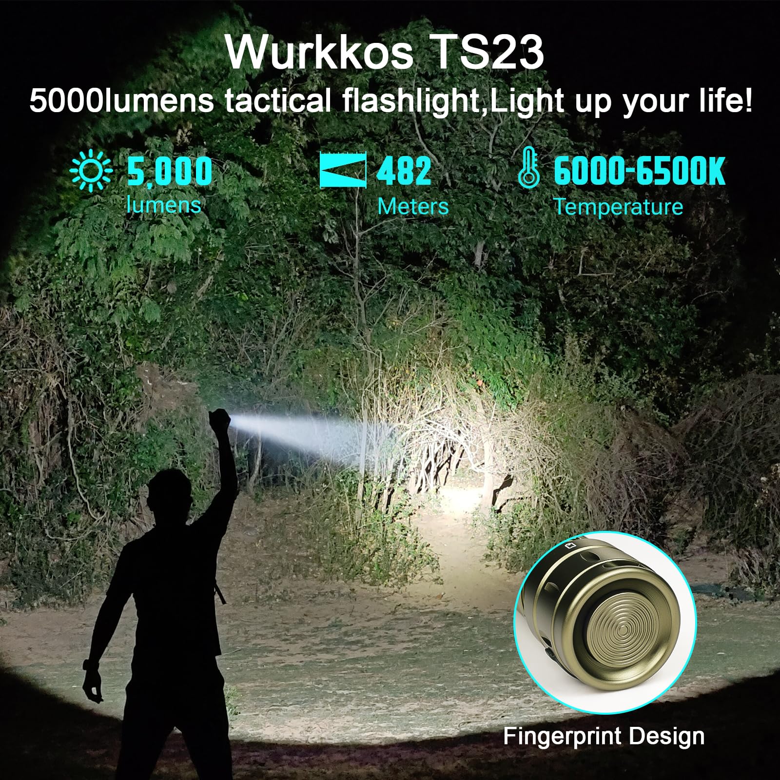 Wurkkos TS23 Tactical Flashlight,5000 High Lumens Rechargeable Flashlight,70.3 HI LED 482M Attack Head LED Flashlights,IP68 Waterproof Flashlights for Emergency,Repair,Camping,Hiking(Olive Green)