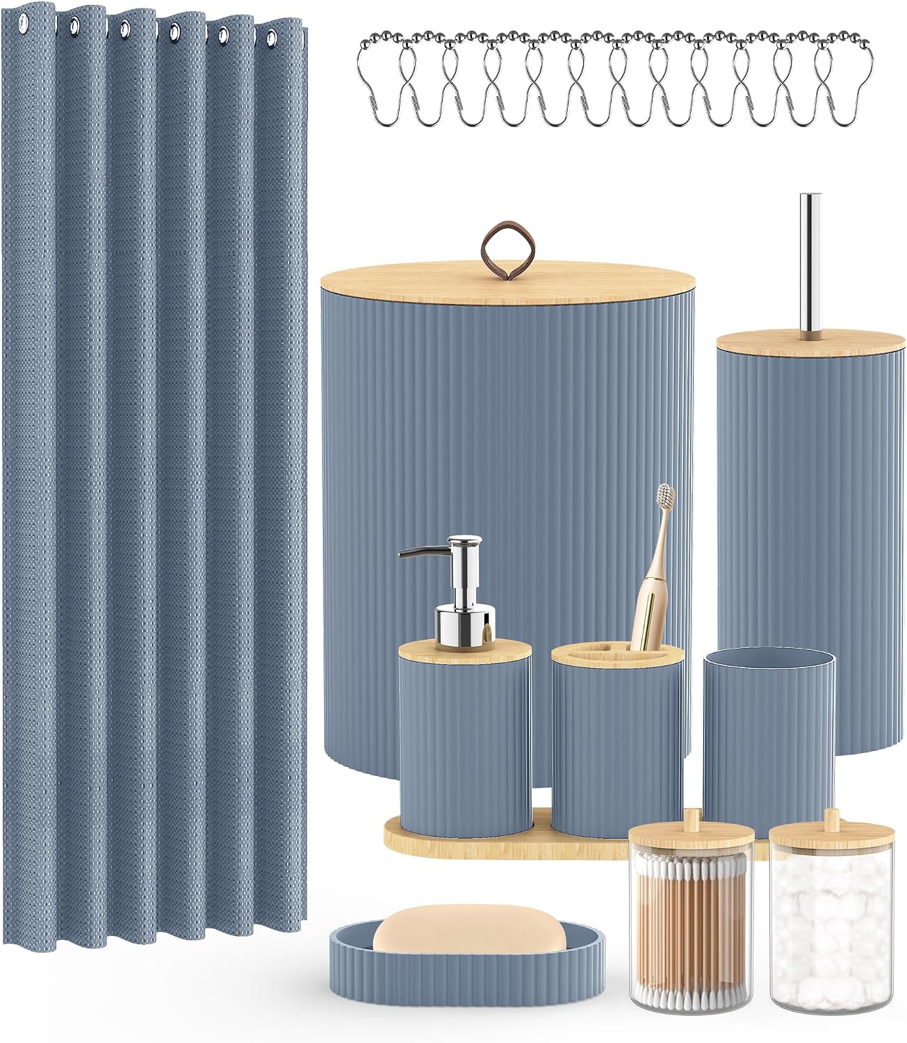 22Pcs Grey Blue Bathroom Accessories Set Shower Curtain Decor Kit | All-in-One Decor Kit with Hooks, Waste Bin, Soap Dispenser & Toothbrush Holder, for Home, Hotel, RV & Apartment