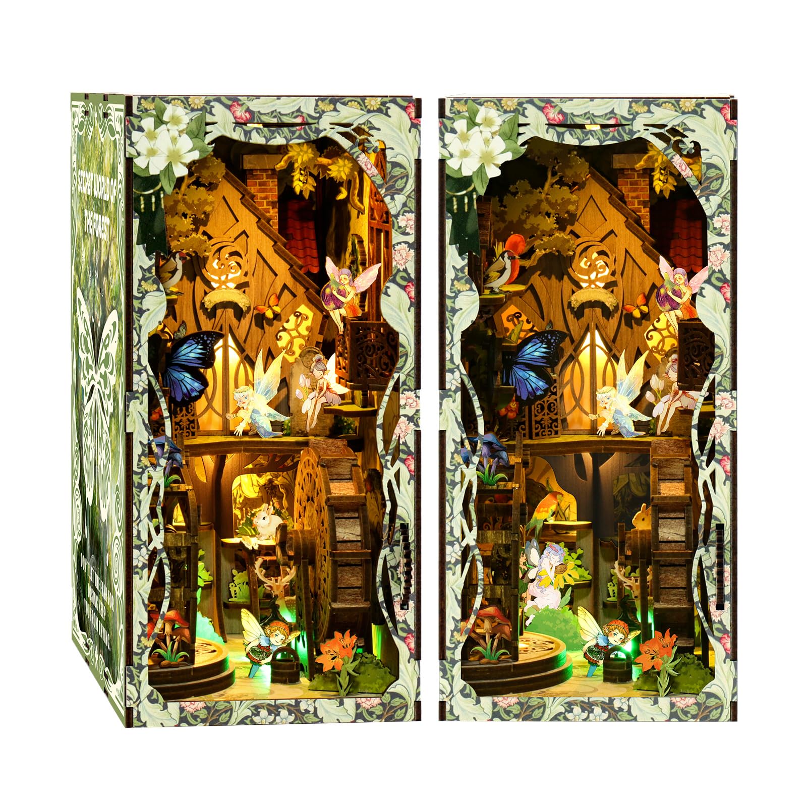 Tecnock Book Nook Kit, DIY Miniature House Kit for Adults & Teens, Enchanted Forest Scene Bookshelf Insert Decor with Touch Switch Light, 3D Wooden Puzzle Gift for Book Lovers (Secret Forest)