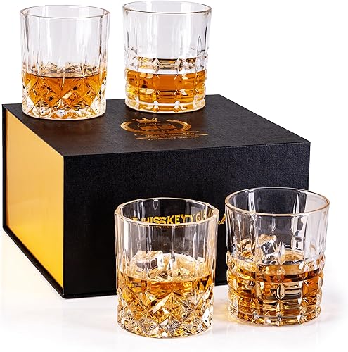 Juego de 4 vasos de whisky con caja de lujo, vasos de whisky antiguos de 11 onzas, regalo para cócteles escoceses, ron, coñac, vodka, licor, rocas,