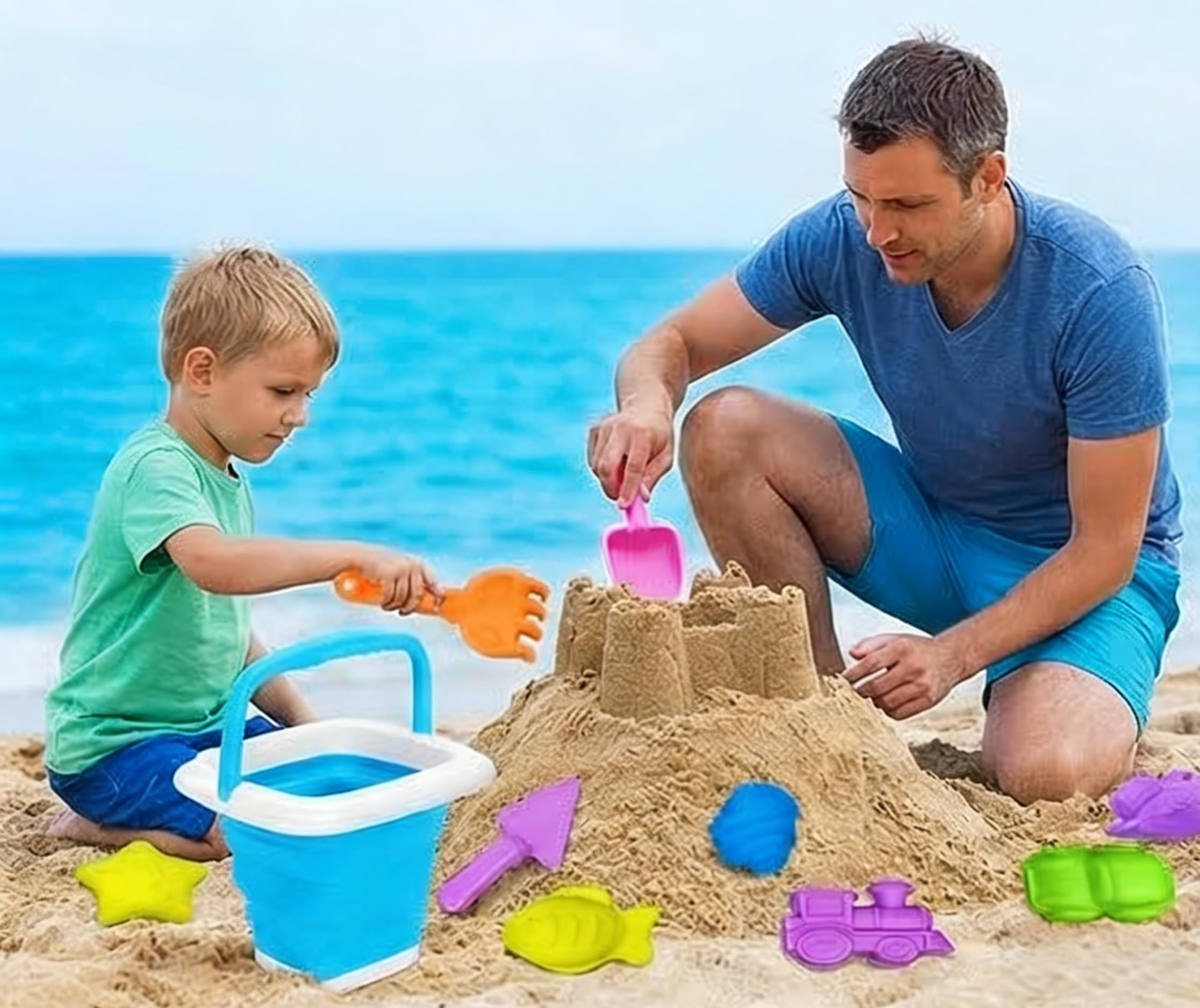 Juego de juguetes de arena 19 piezas, juguetes para la playa para niños - cubo plegable con pala de arena | Juguete de caja de arena con bolsa de malla para playa, viaje,regalo a partir de 3 (azul) — view 6