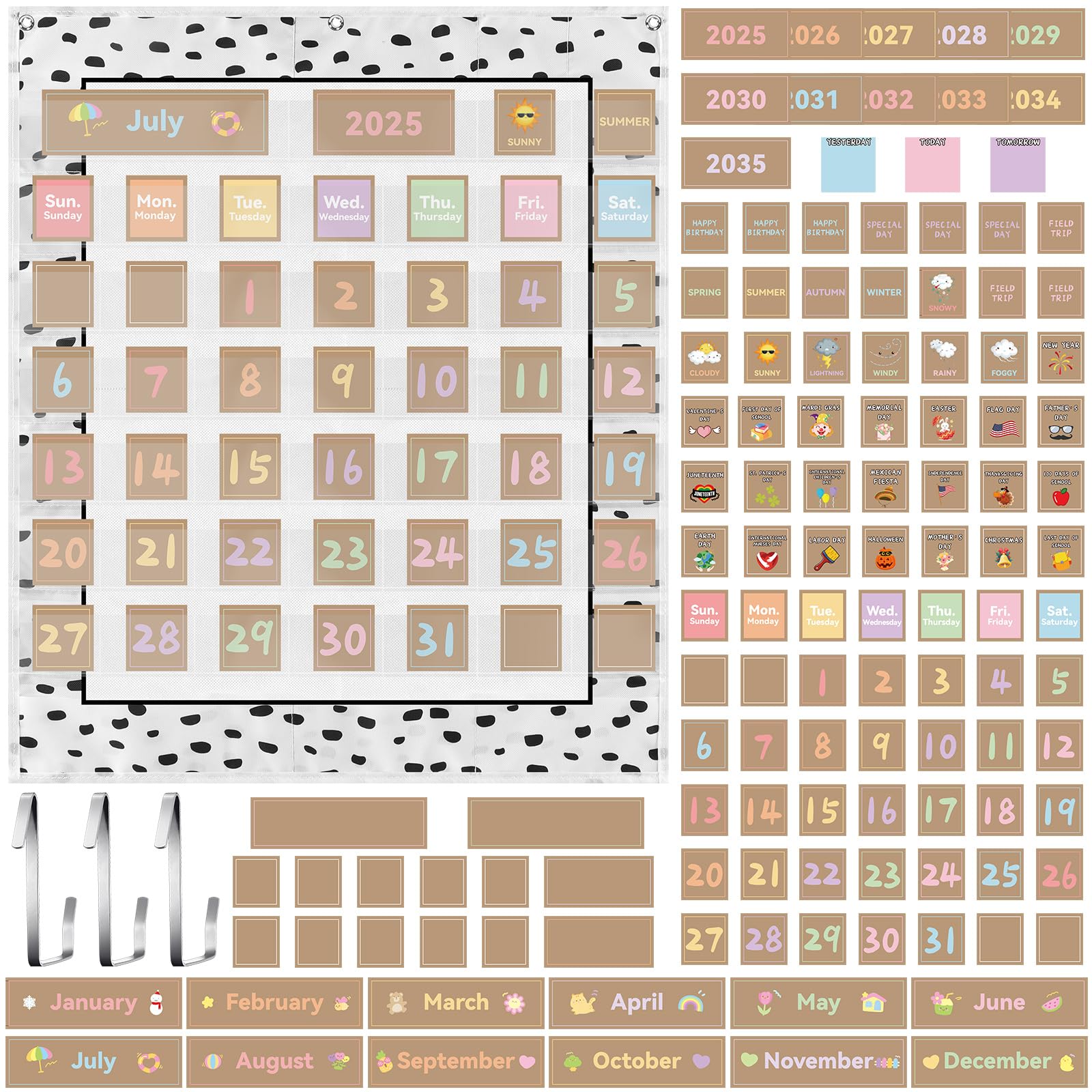Weysat 128 Pcs Boho Classroom Calendar Pocket Chart Set Calendar Bulletin Board with Pocket Bulletin Board Season Festival Weather Date Chart for