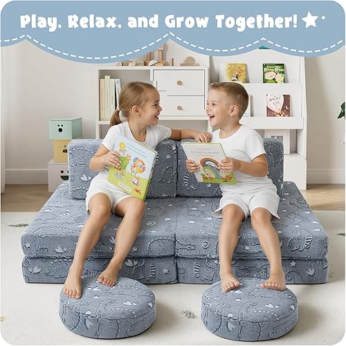 Miniatura 8 de Sofá modular para niños MeMoreCool  Sofá de dinosaurio de 8 piezas que brilla en la oscuridad para niños pequeños convertible en fuerte constructor