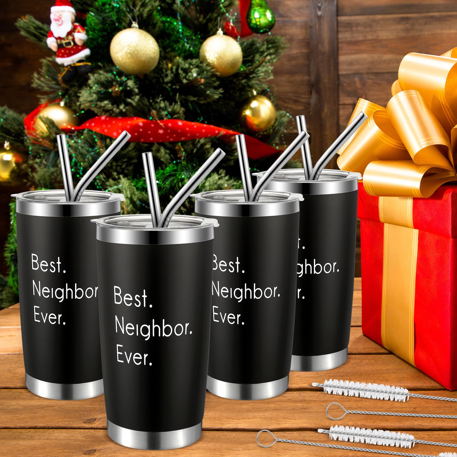 Photo 1 of 4 Pcs Neighborhood Gifts Best Neighbors Ever Screen Printed 20oz Stainless Steel Travel Mug with Lid 8 Straws 4 Cups Housewarming Ideas for Social Distancing Gifts Thank You Christmas