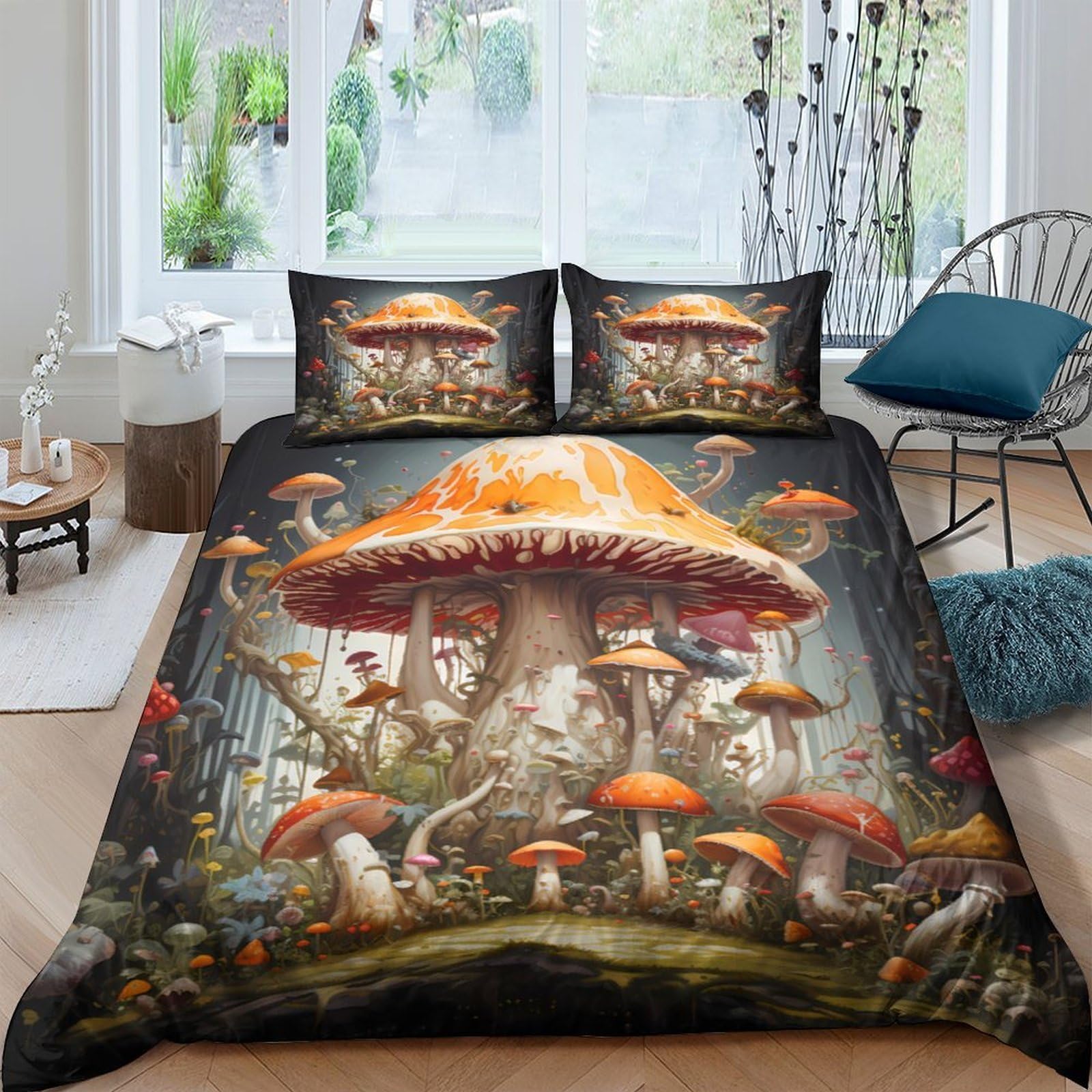 Ctjqhvkz Style-6 3D Printed Mushroom Forest Fitted Sheet Microfiber Soft Orange Fantasy Bed Sheet For Bedroom Guest Room Decor Single（135X200cm）