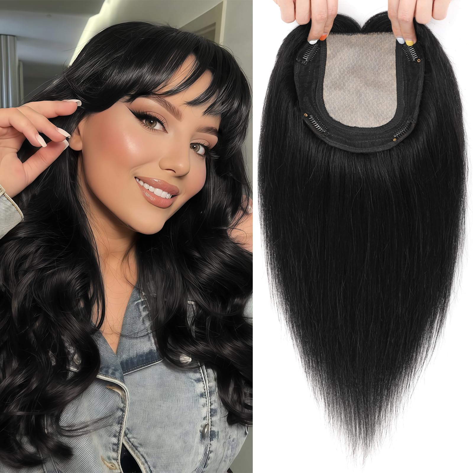 OLLAVO Hair Toppers for Women Real Human Hair, 360° 3D Toppers Pieces for Women with Thinning Crown Wispy Bangs 14 Inch Upgrade Big Basement (Black,