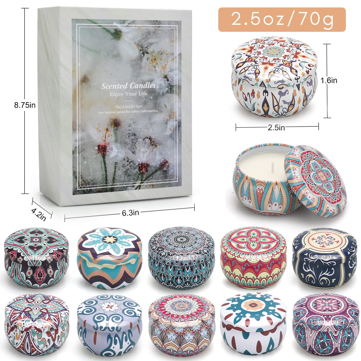 Set Regalo di Candele Profumate, 12 Pezzi di Candele di Cera di Soia per Aromaterapia Fruttata e Floreale per la Casa, Sollievo dallo Stress, Relax, 250 Ore di Durata, Regali di Compleanno per Donne