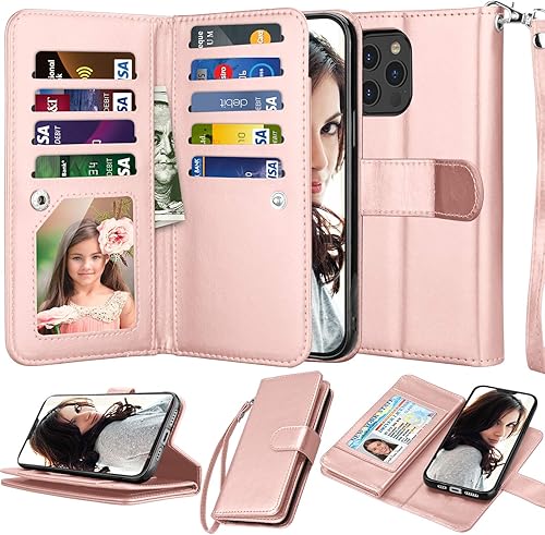 Njjex Funda tipo cartera para iPhone 12 Pro Max de 6.7 pulgadas (2020), 9 ranuras para tarjetas, piel sintética, soporte desmontable, cordón,