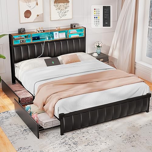 Alohappy Base de cama de tamaño matrimonial con 4 cajones de almacenamiento y cabecera de estantería, plataforma tapizada tamaño matrimonial con