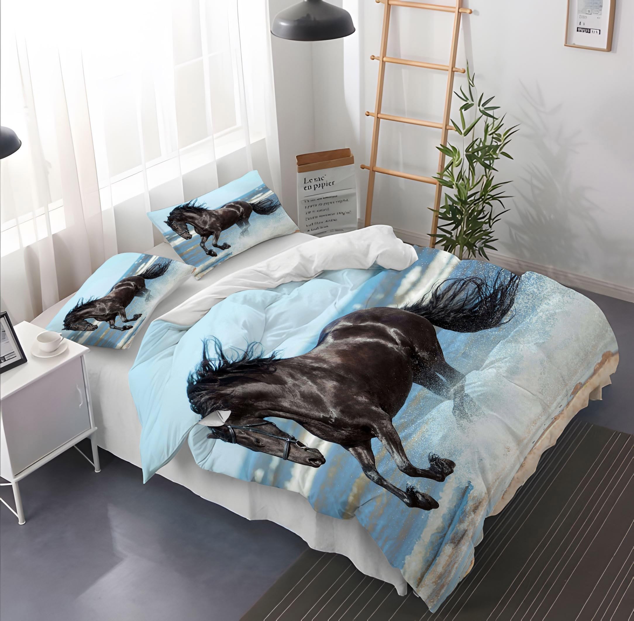 Bettwäsche 155x220 cm Schwarzes Pferd, Bettbezug 3teilig Weiche Allergiker Microfaser Bettwäsche-Sets, Deckenbezug mit Reißverschluss und 2 Kissenbezüge 80x80cm