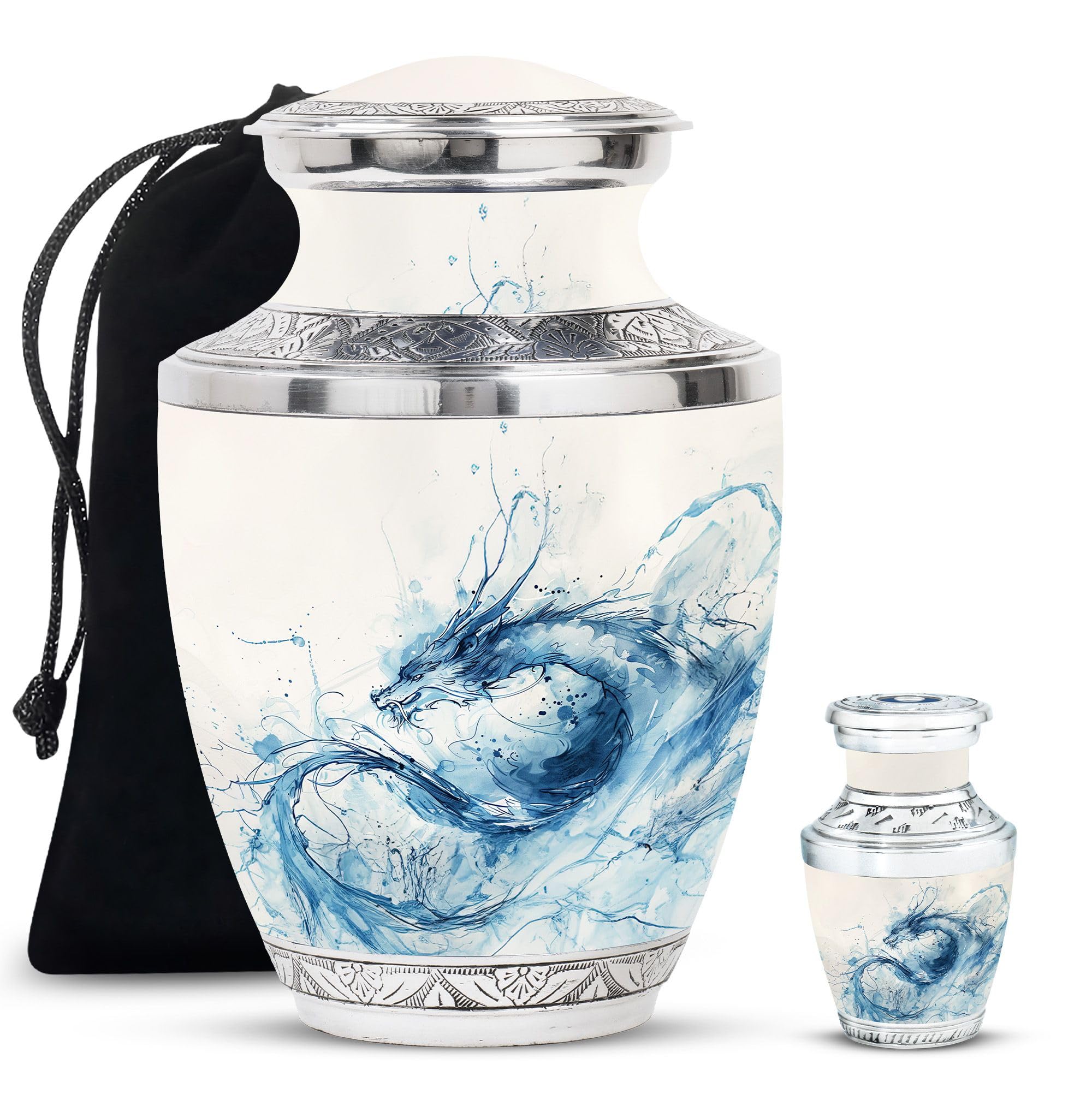 YATHABHISA Dragon Urn, Decorative Urns - Large & Small Keepsake for Men & Women - Combo of 1 Large Urn with Velvet Bag and 1 Small - Memorial Urn - Burial Urns for Adult Human Ashes, Black