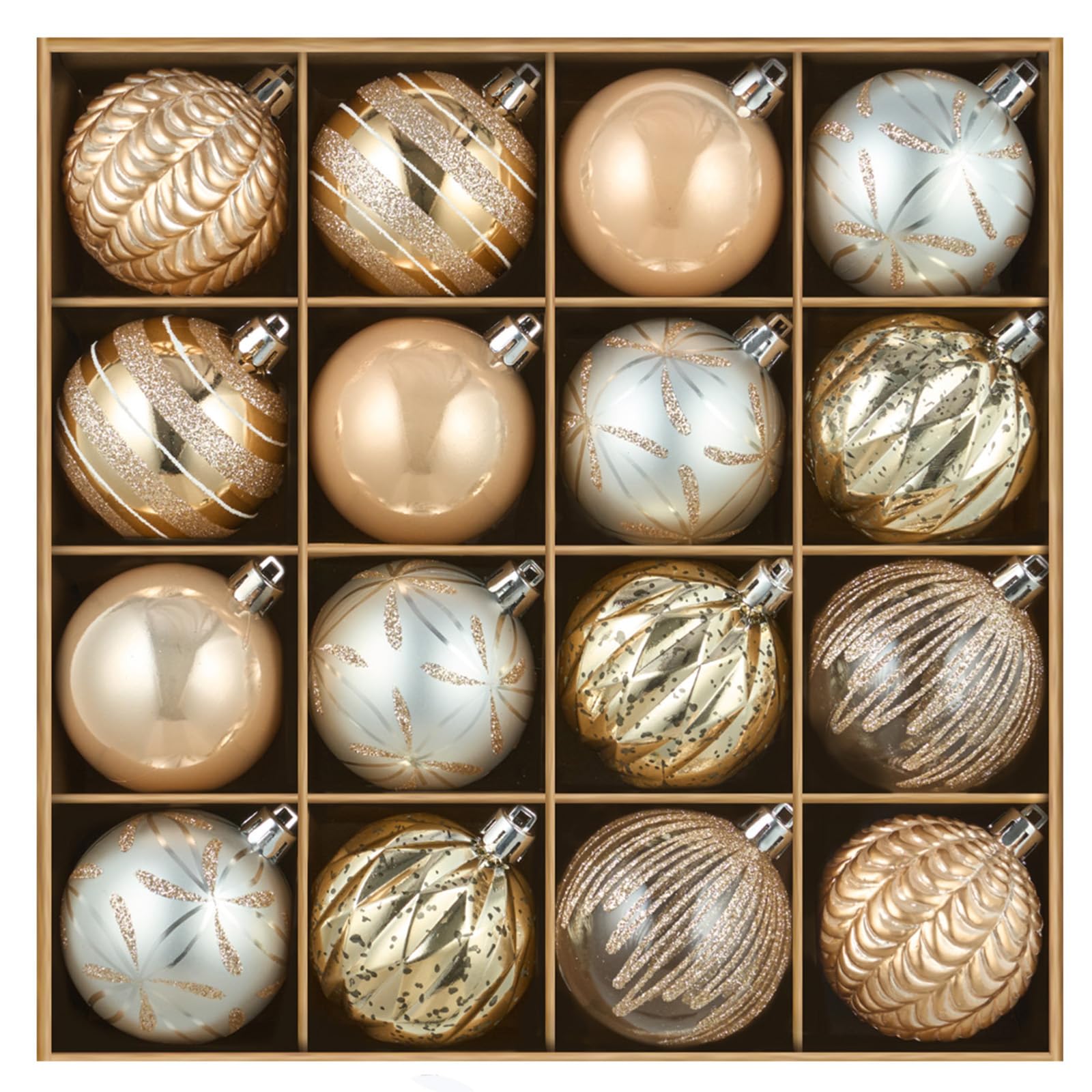 JORNOY Christmas Ornaments Set, 2.36 Inch Shatterproof Plastic Balls Baubles Decor, Hanging Bulbs for Xmas Tree Decorations Party with String, 16 Pack, Champagne
