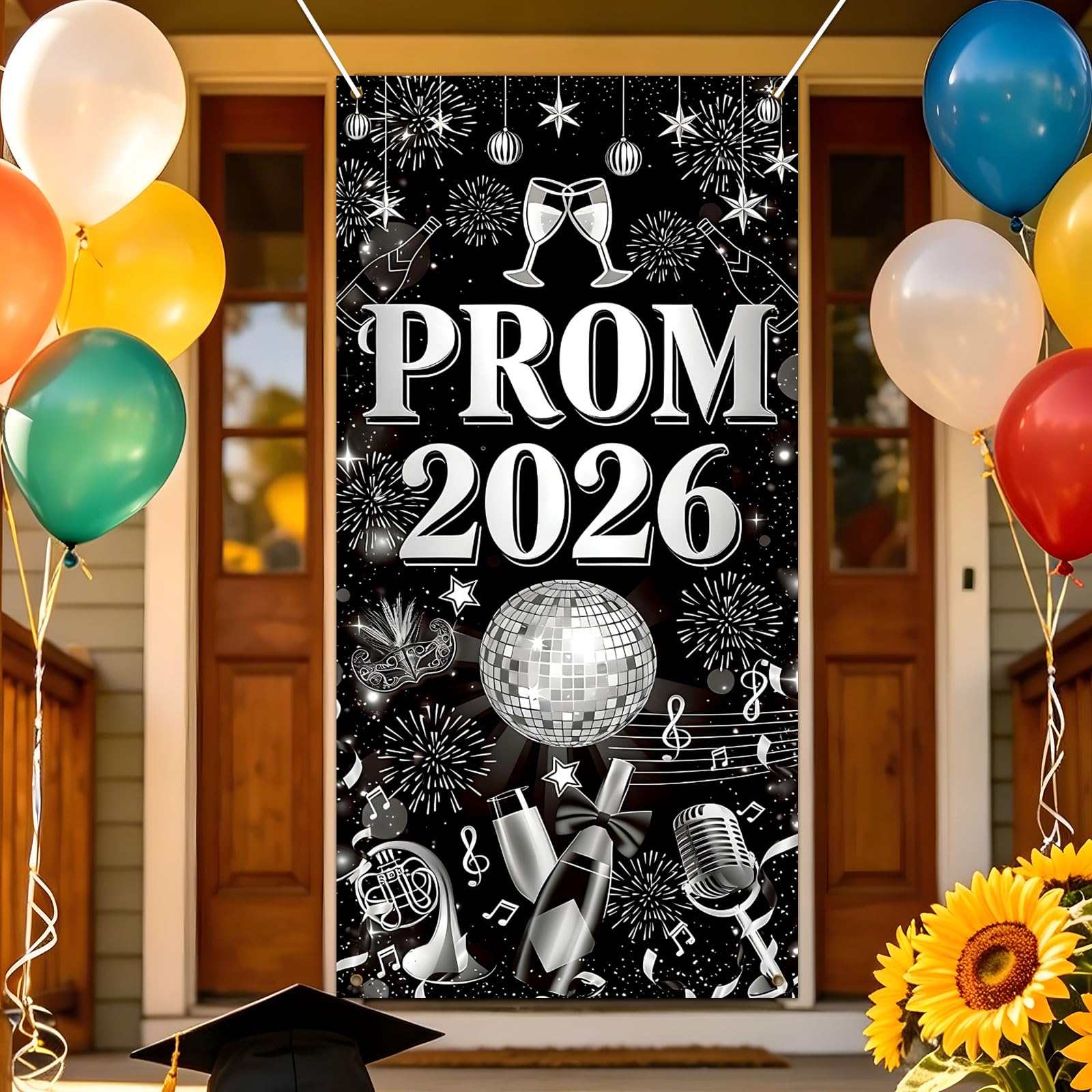 Prom 2026 Door Cover Banner - Graduation Decorations, Black Silver Prom Night Door Banner, Prom 2026 Photo Booth Background 185 x 90cm for High School College Students Graduation Party Supplies