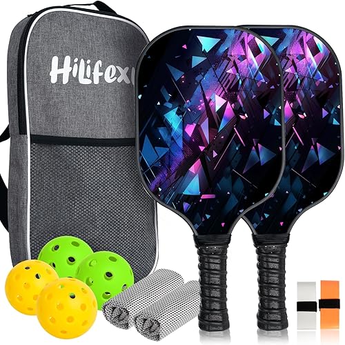 Pickleball Paddles Set of 2, Hilifexll Carbon Fiber Surface Pickleball Rackets, Polypropylene Honeycomb Core, Anti-Slip Sweat-Absorbing Grip, 4 Pickleball, 2 Cooling Towels, Carry Bag for Men Women
