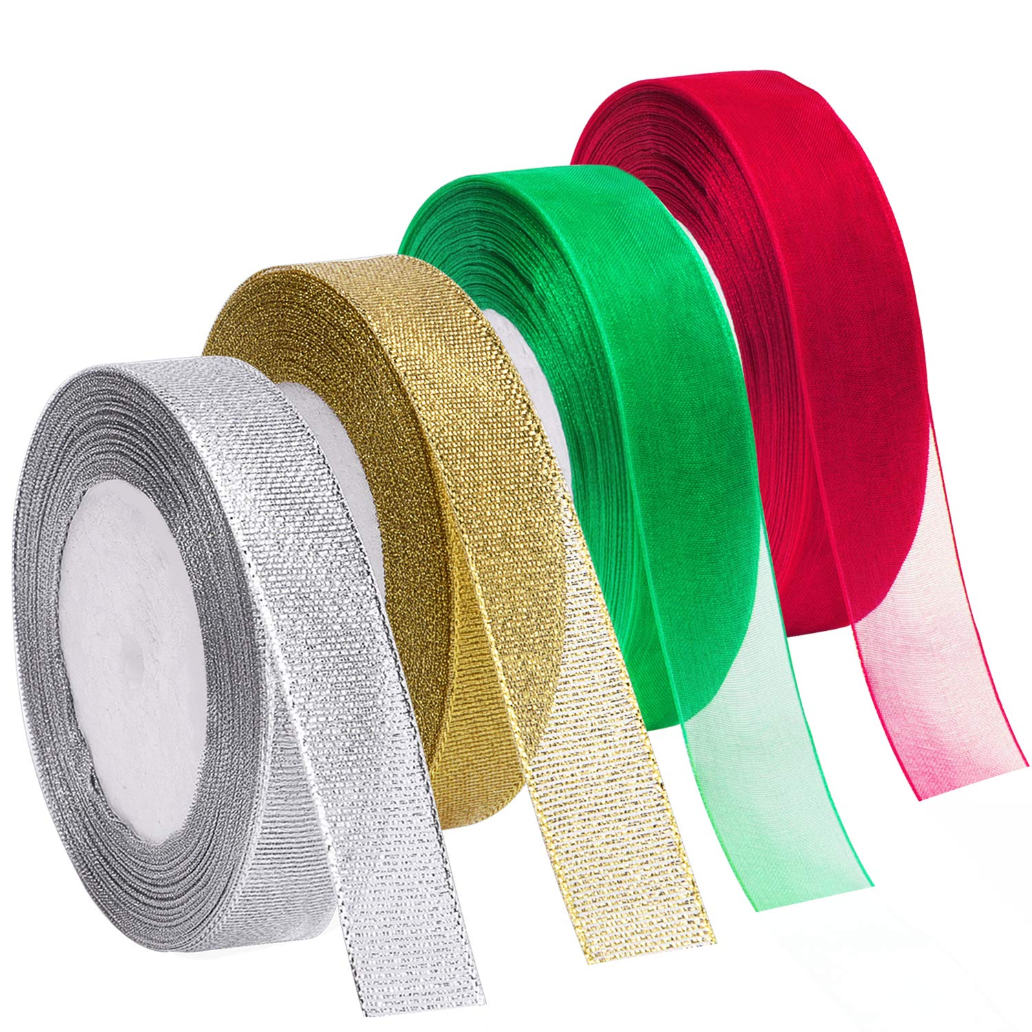 Livder 4 Rolls 4/5 Inch in Width Christmas Metallic Glitter Organza Ribbons Golden, Silvery, Red, Green Ribbon for Gift Wrapping, Christmas Tree Room Decoration