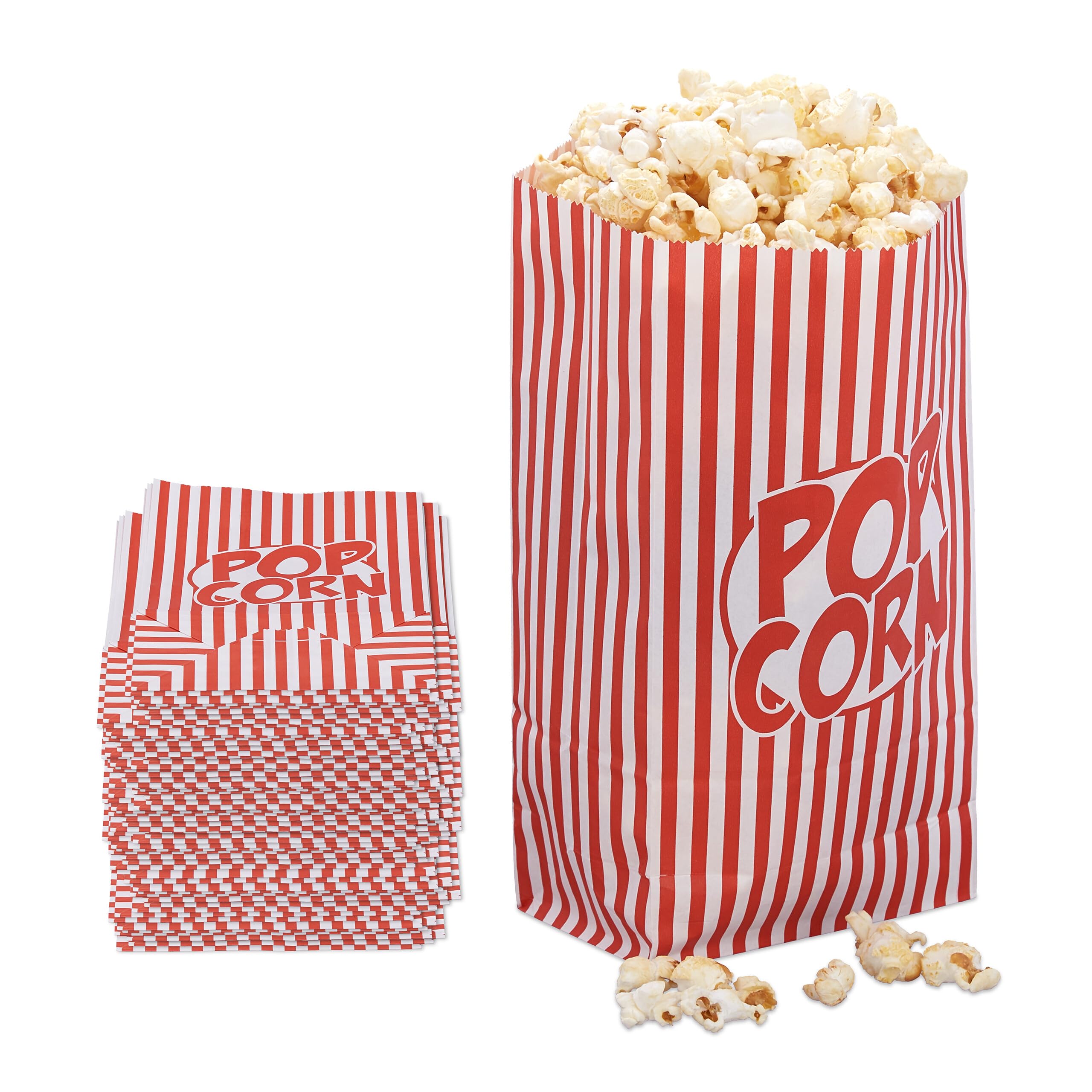 Relaxdays Popcorn Bags, Set of 100, Striped, Retro Look, Cinema, Movie Night Accessory, Cardboard, Container, Red/White, Paper, 26 x 13 x 8 cm