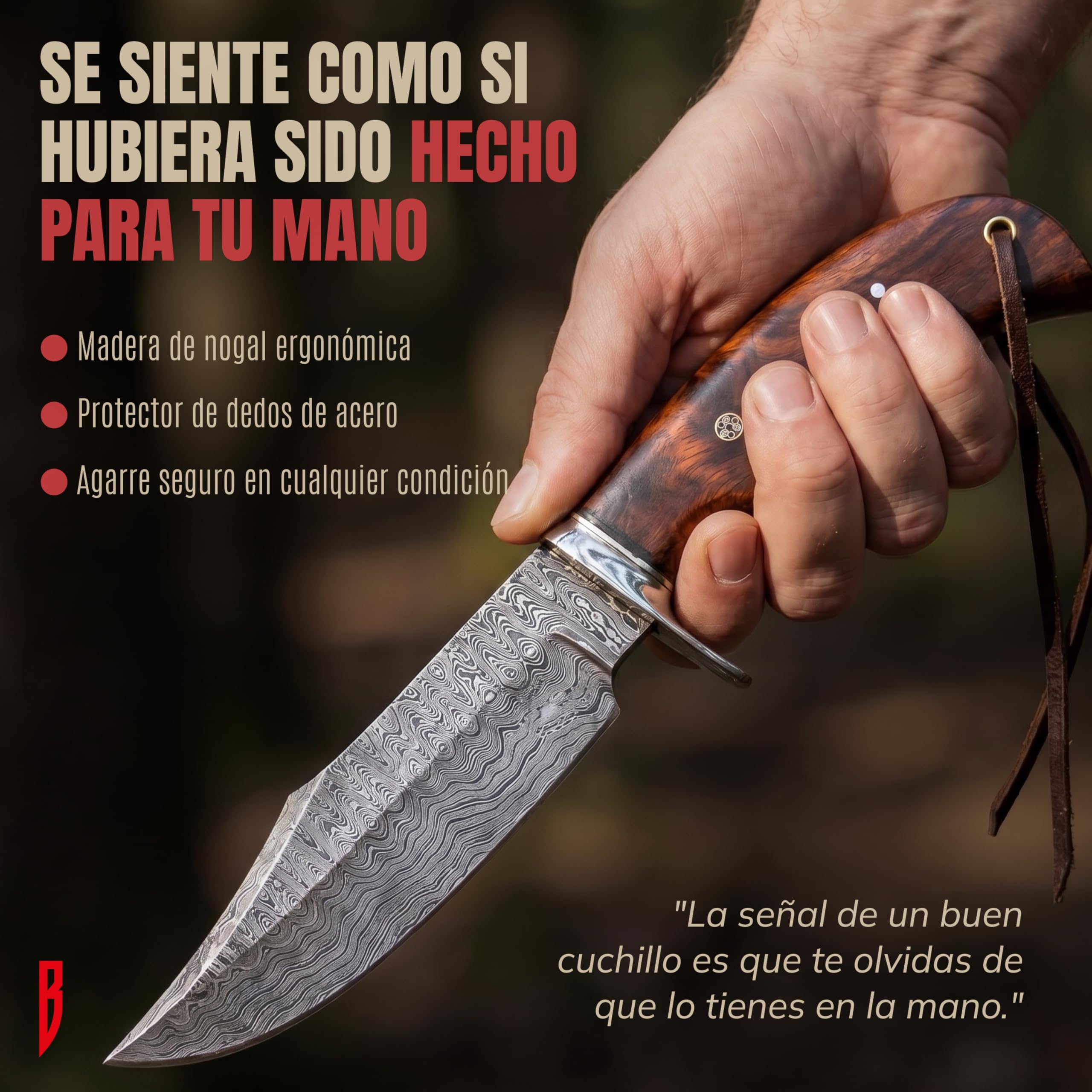 BIGCAT ROAR Cuchillo de Caza Premium Hecho a Mano de Acero de Damasco con Funda - 25 cm Hoja Fija con Mango de Madera de Nogal - Cuchillo Multiuso para Hombre - Bear Hunter