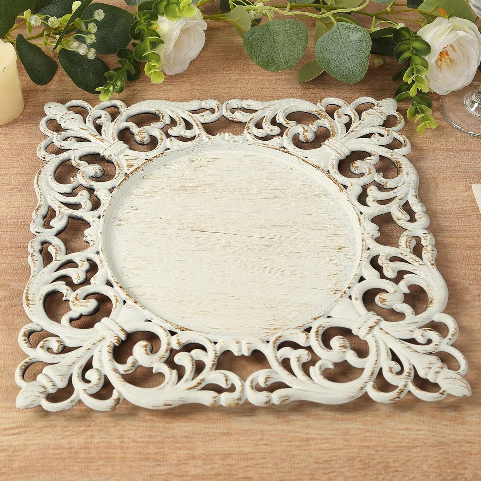 Balsa Circle 6 Square 12 in Antique White Vintage Acrylic Charger Plates with Hollow Lace Borders | Serving Dinnerware Set for Wedding Reception Event Catering Decorations Bulk Supplies