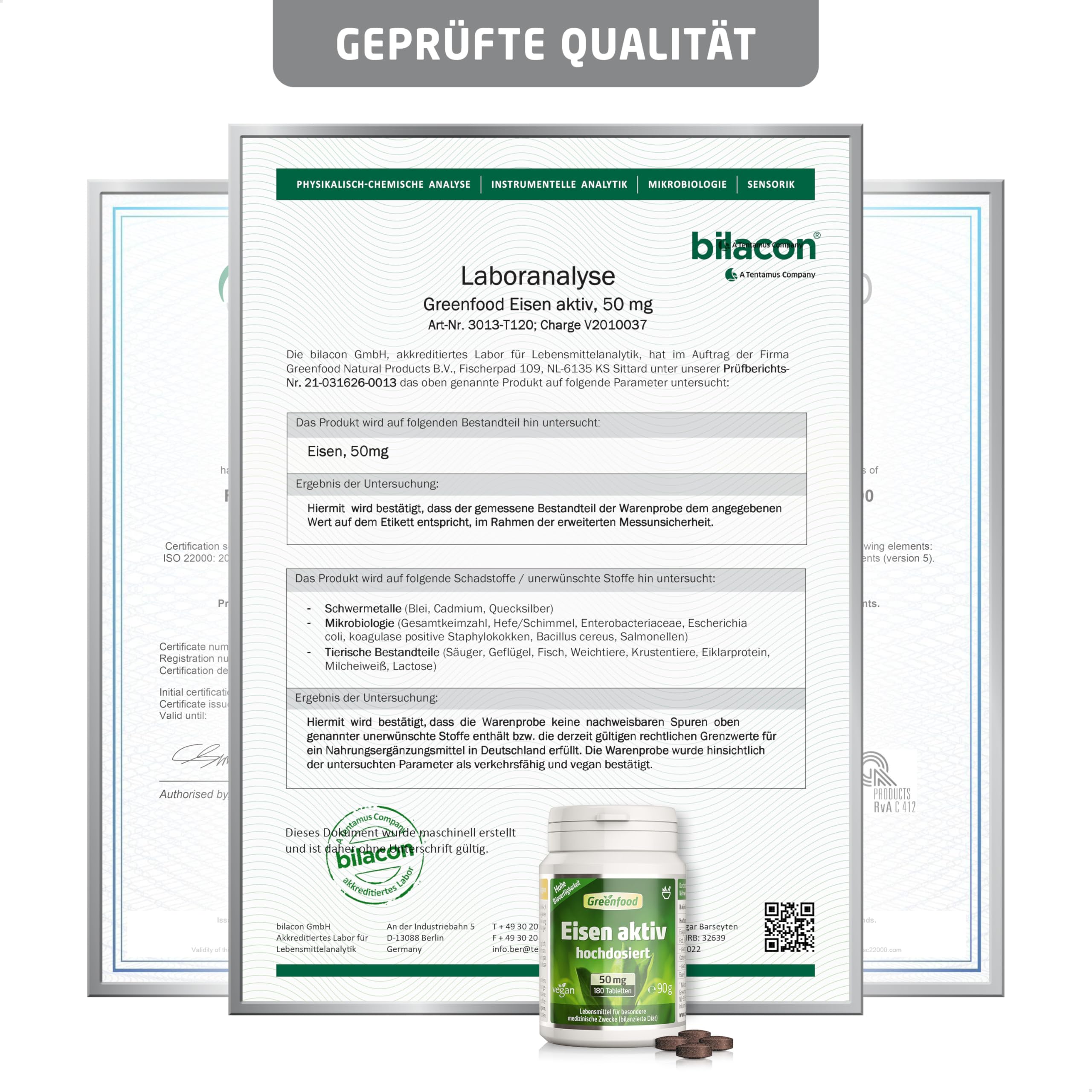 Eisen aktiv, hochdosiert, 50mg - 180 Tabletten, vegan. Eisenbisglycinat - gut verträglich - gegen Müdigkeit & Erschöpfung, Eisenmangel. OHNE künstliche Zusätze - laborgeprüft. Von Greenfood.