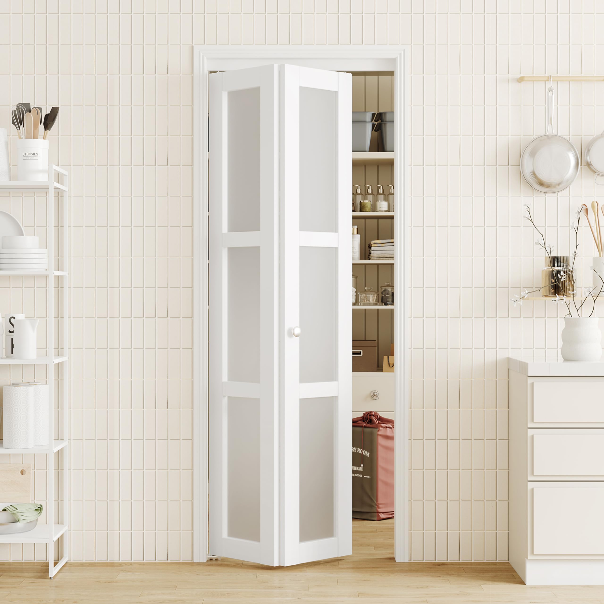 Bi-Fold Doors for 30" x 80" Opening, 3-Lite Glass Closet Door with Hardware Kit & Handle, Pre-Drilled Folding Door Slab, Suitable for Bathroom and Bedroom, Easy Installation - White